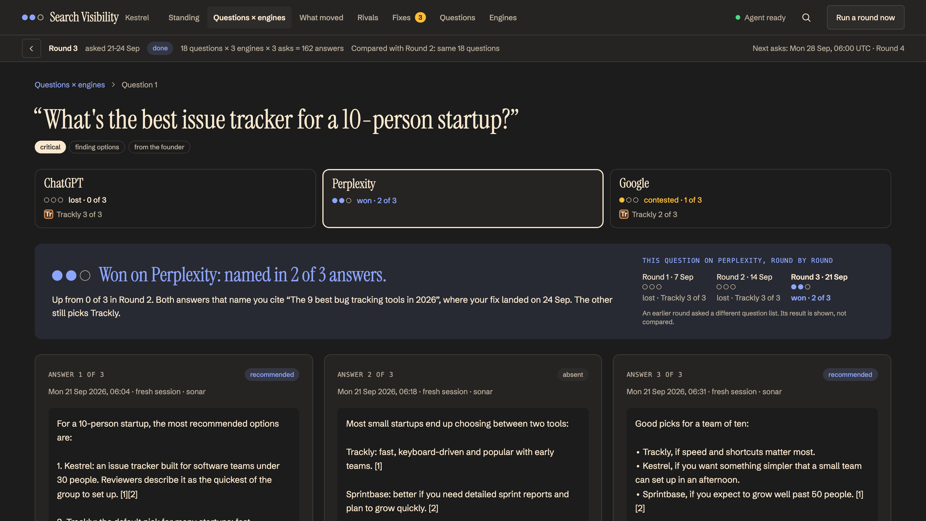 AI Search Visibility: One question's three answers, word for word. Example data.