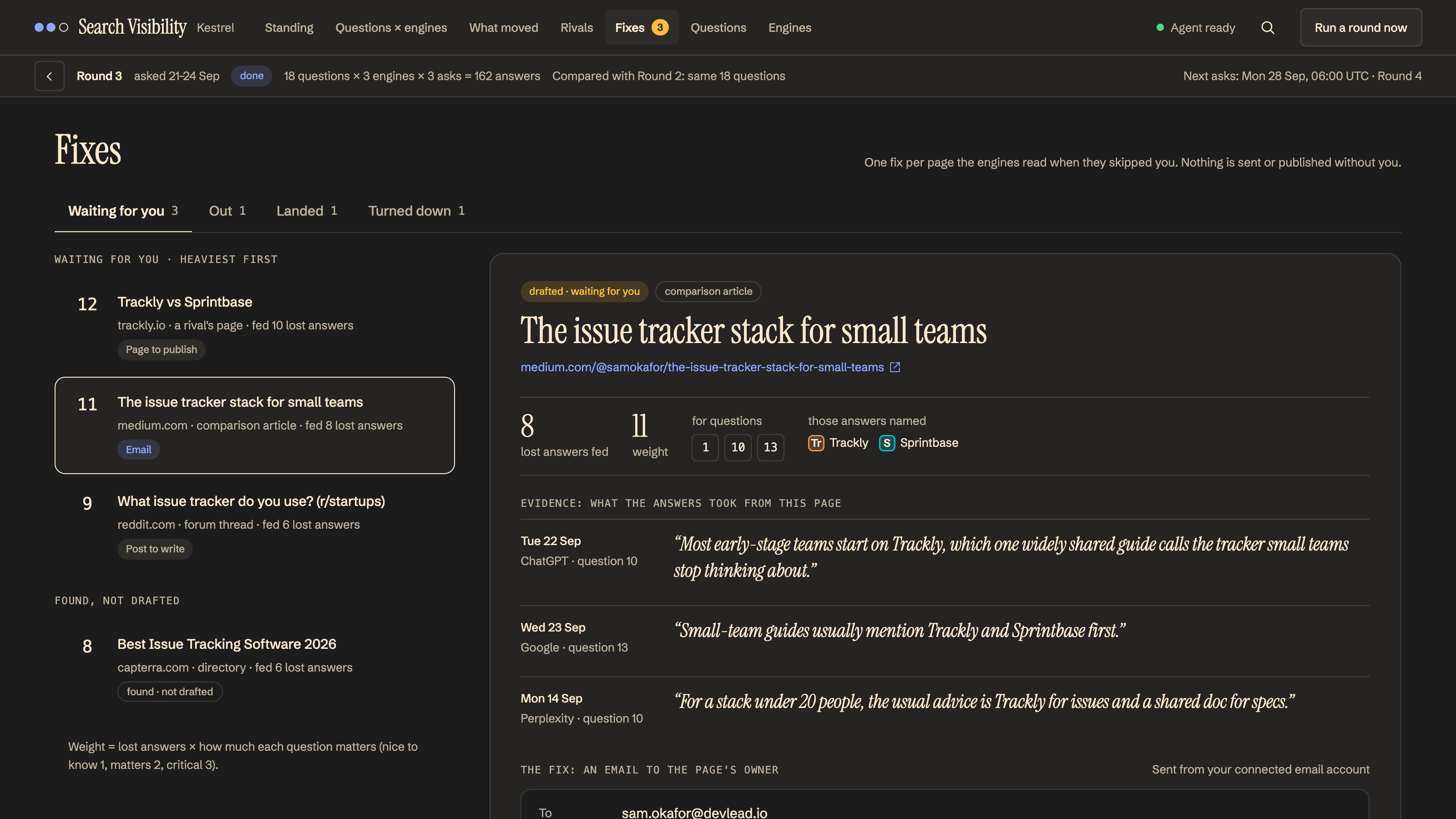 AI Search Visibility: Fixes: the email to approve, with its evidence. Example data.