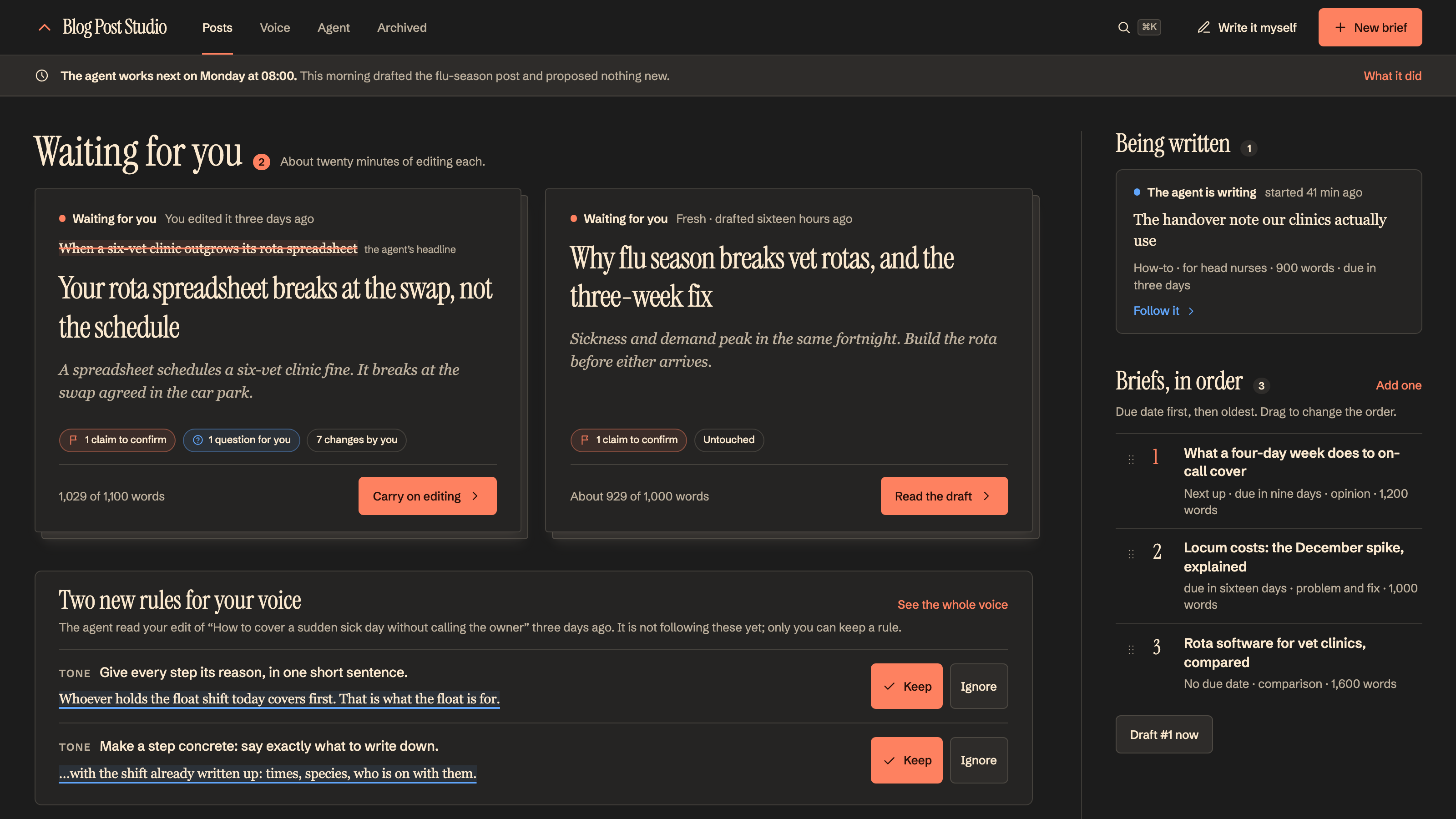 Blog Post Studio: Waiting for you, on a normal morning. Example data.