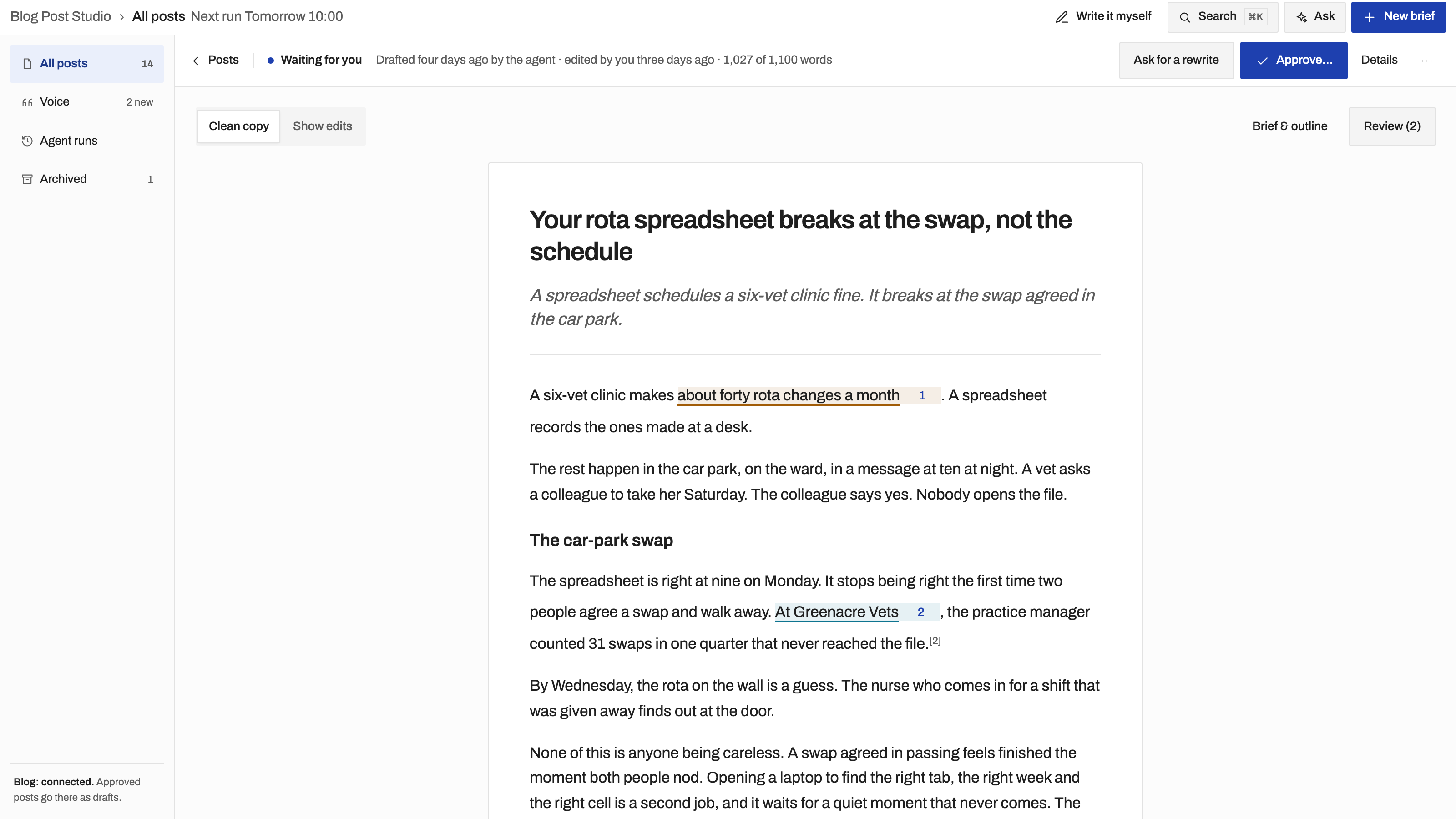 Blog Post Studio draft editor with example content