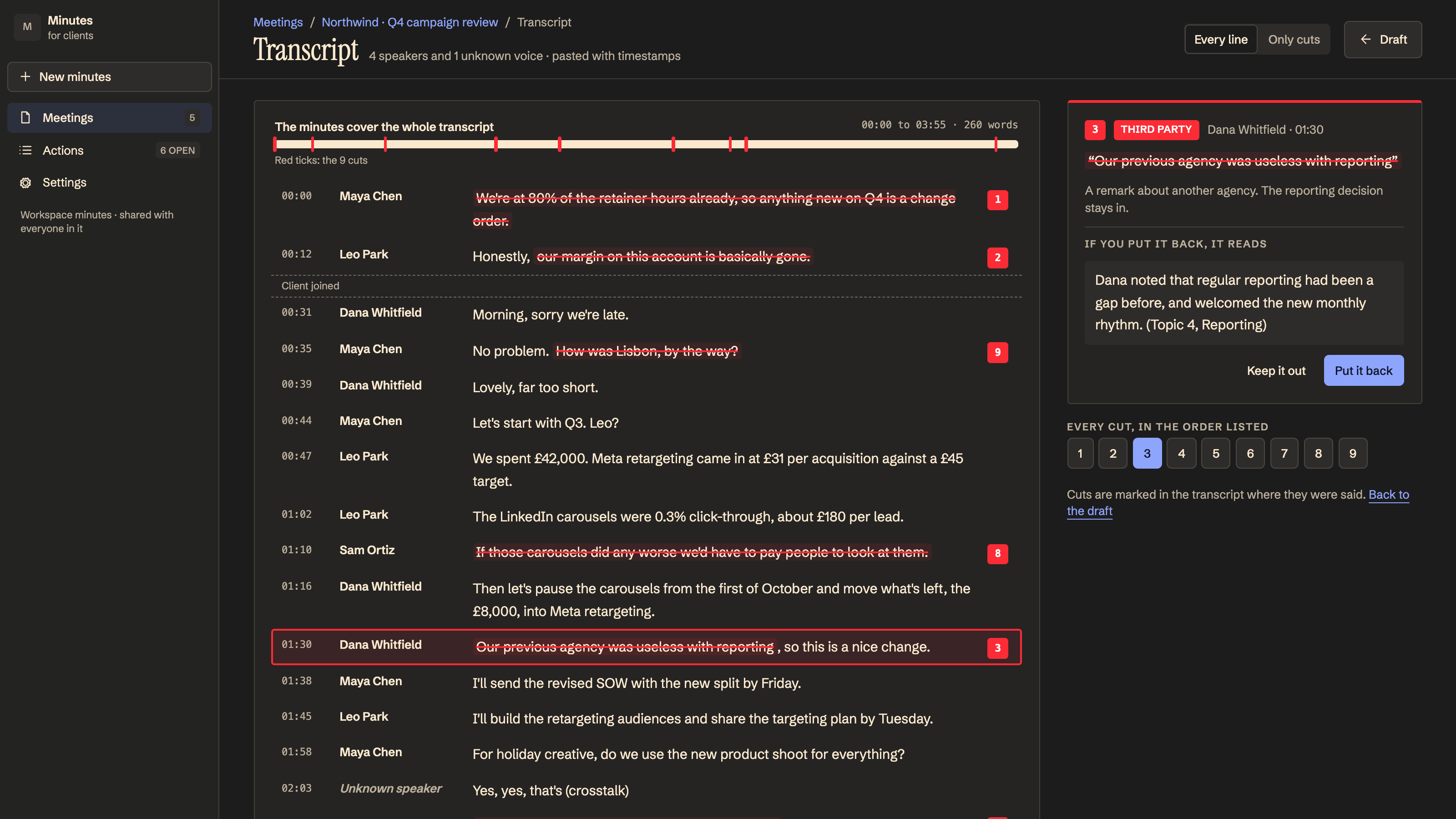 Client Meeting Minutes preview with example data