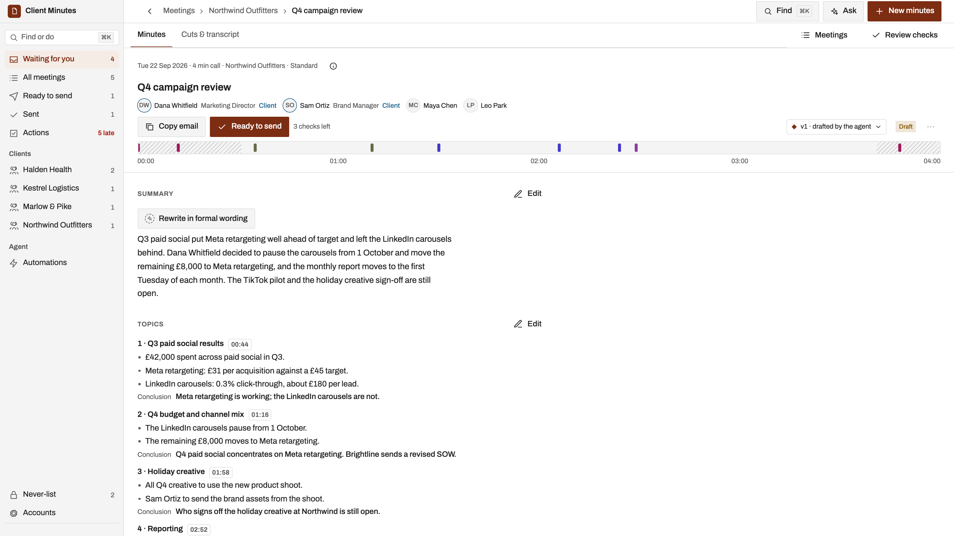Client Meeting Minutes preview with example data