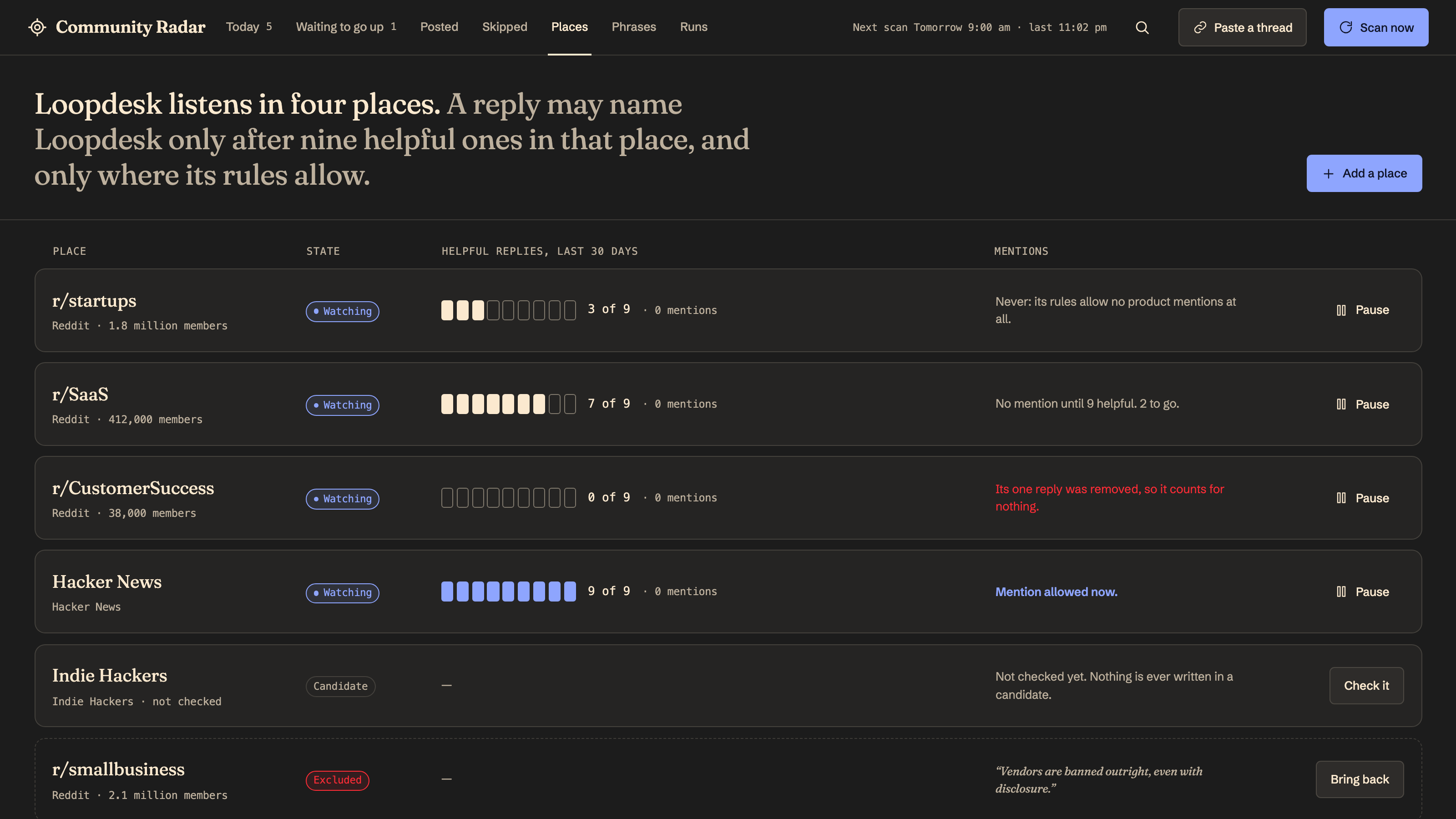 Community Radar: Places: nine ticks toward one mention. Example data.