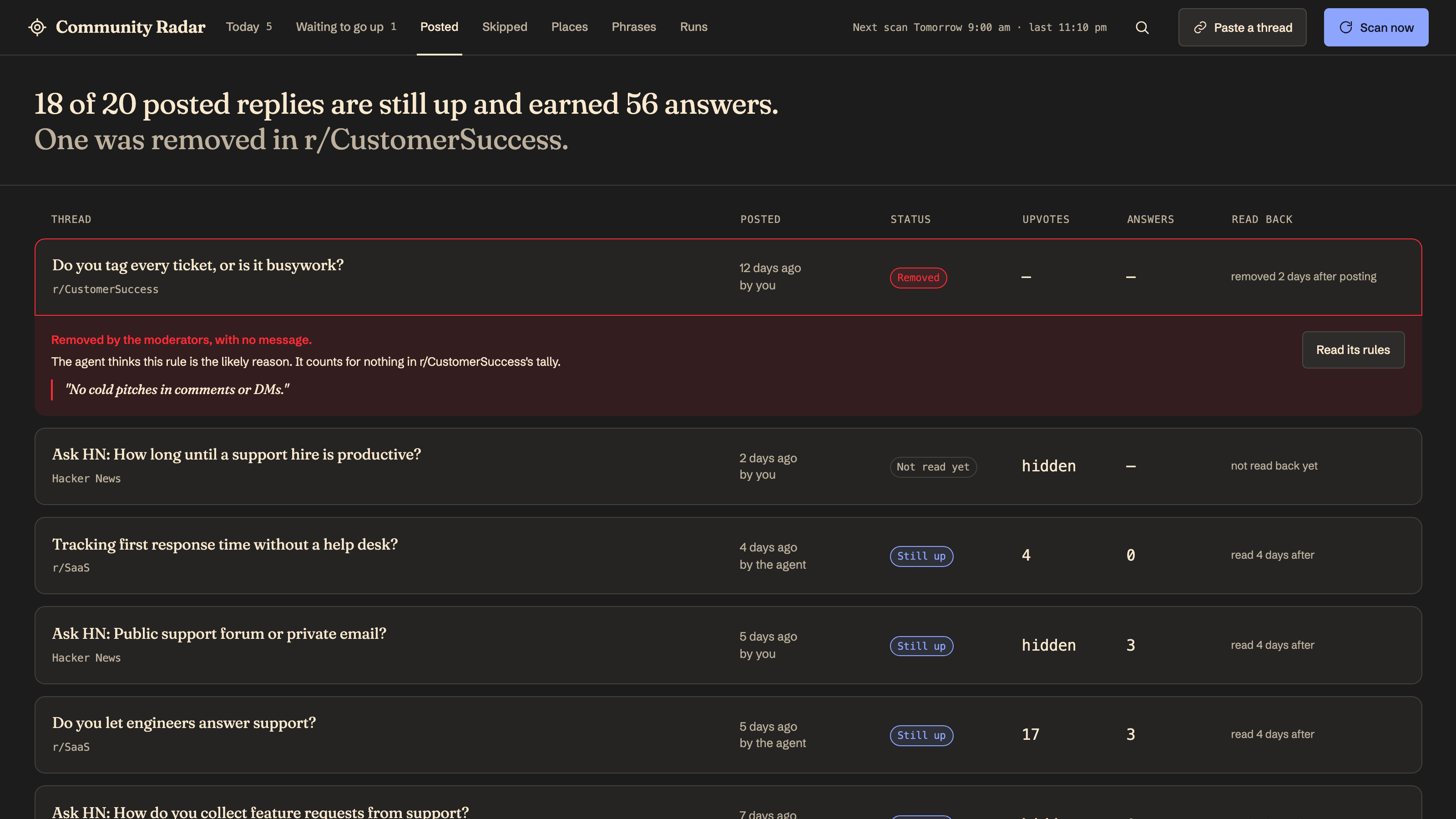 Community Radar: Posted: what stayed up and what it earned. Example data.