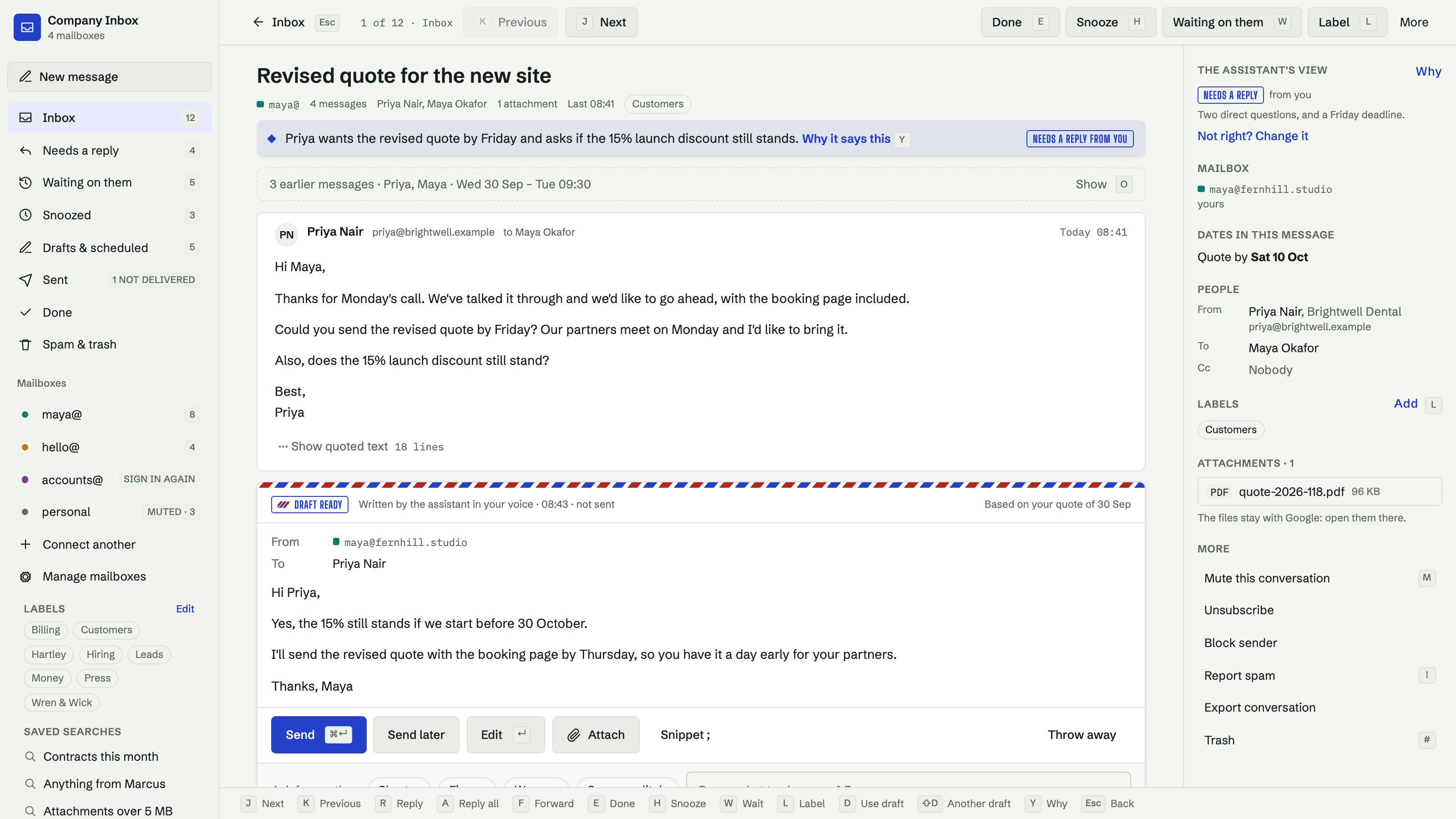 Company Inbox: A conversation with its draft, ready to send. Example data.