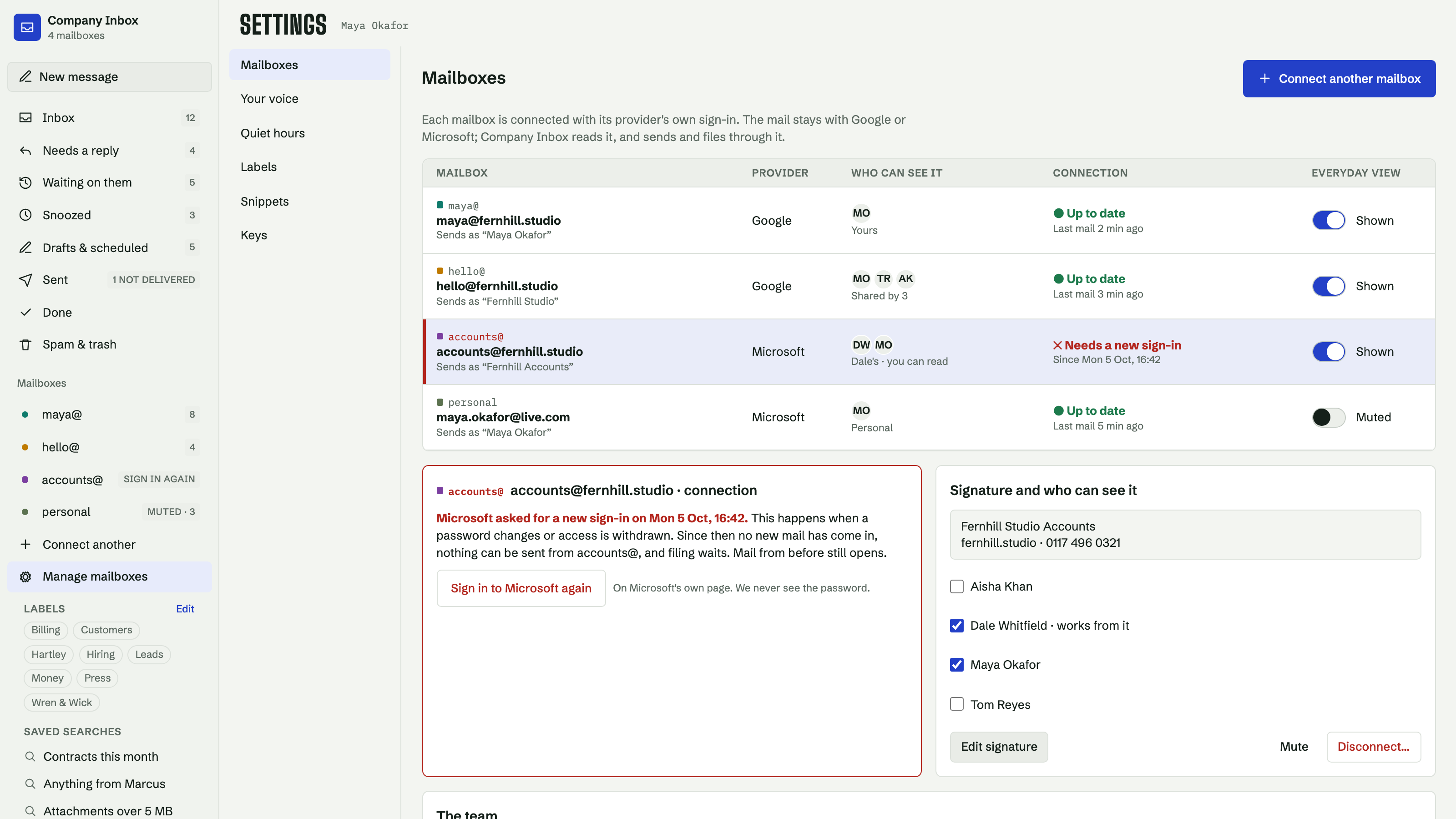 Company Inbox: Mailboxes, and the one that needs a sign-in. Example data.