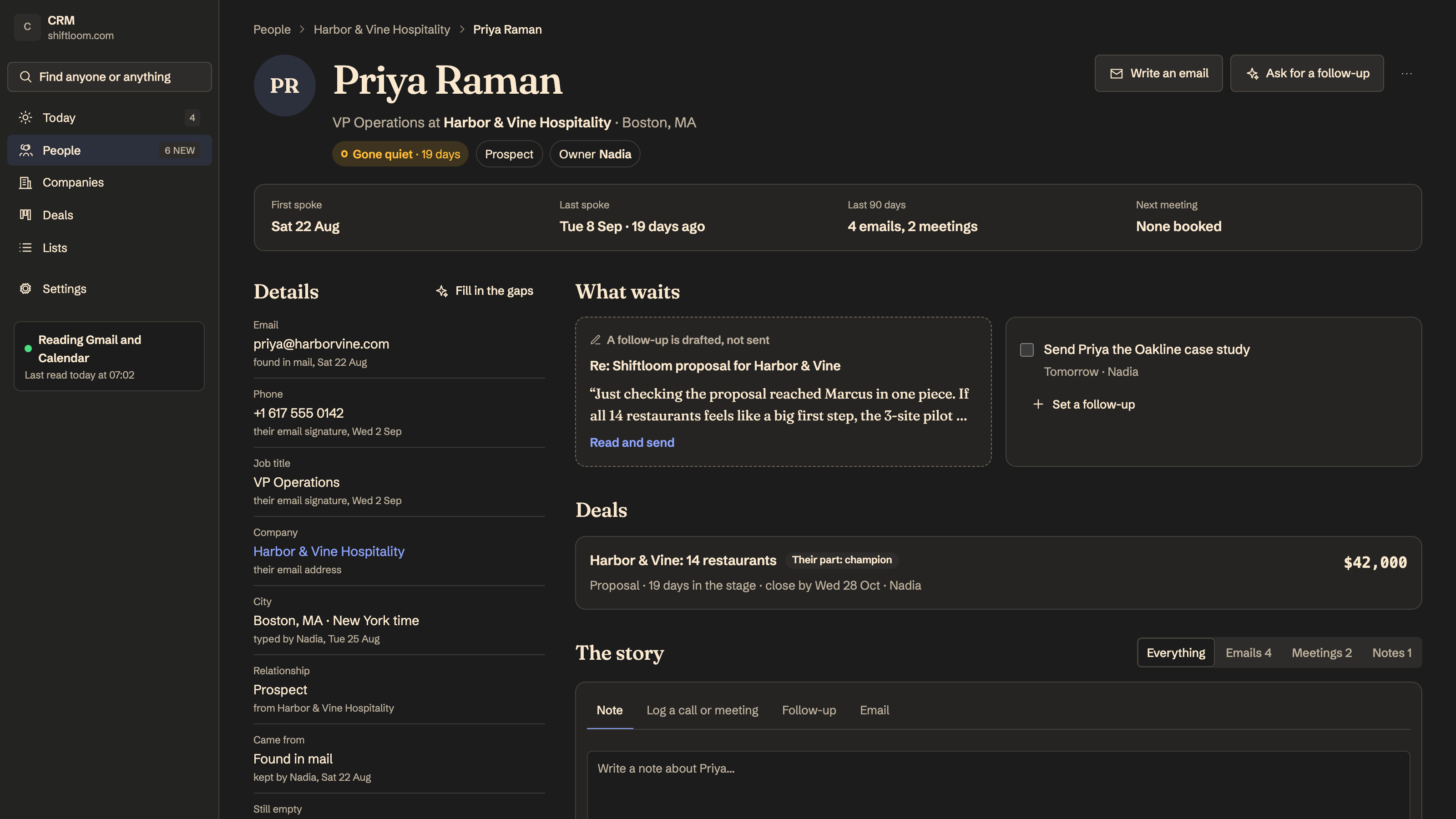 CRM: One person: every email, meeting and deal. Example data.