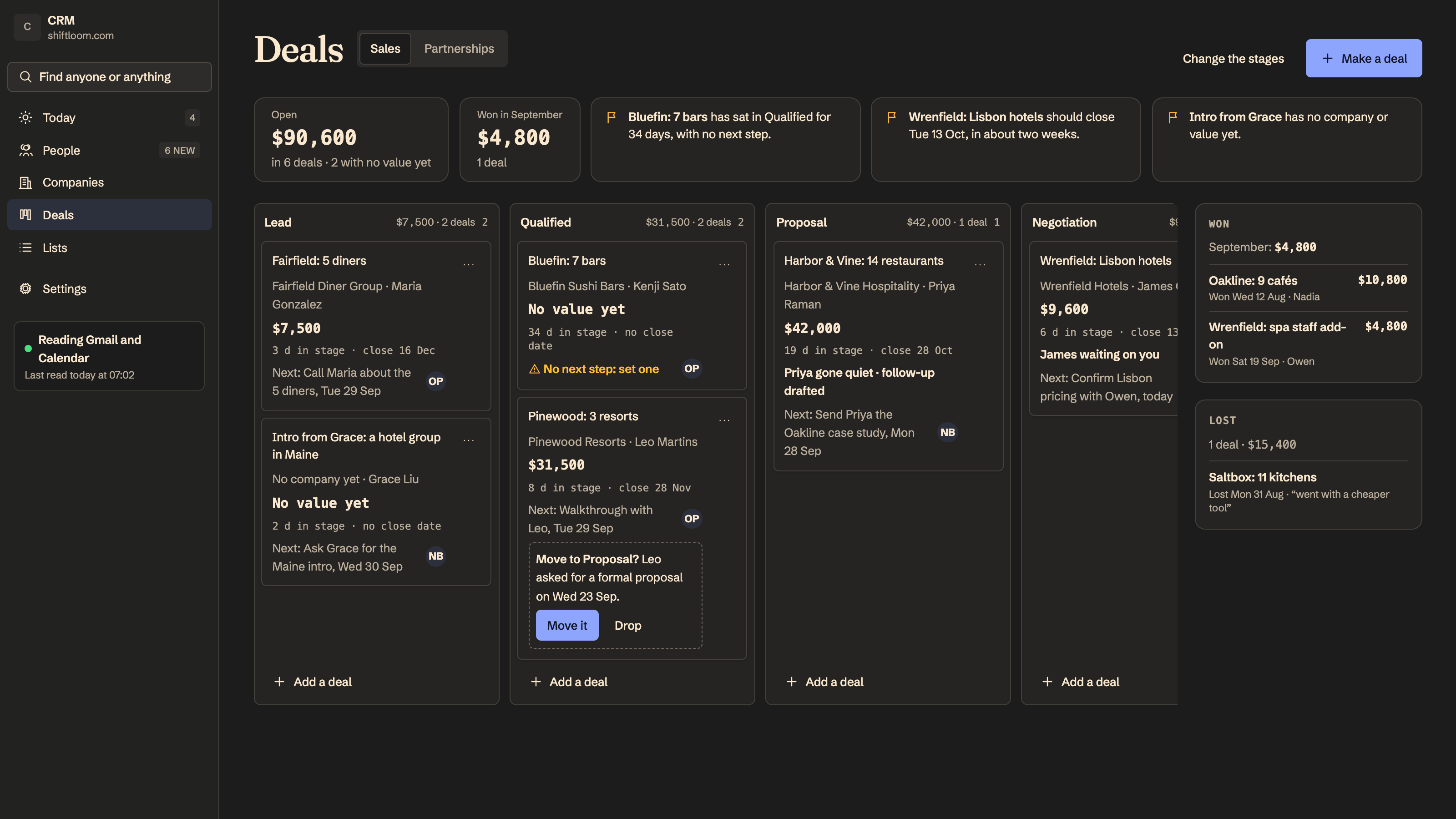 CRM: Deals by stage, with the ones going quiet flagged. Example data.