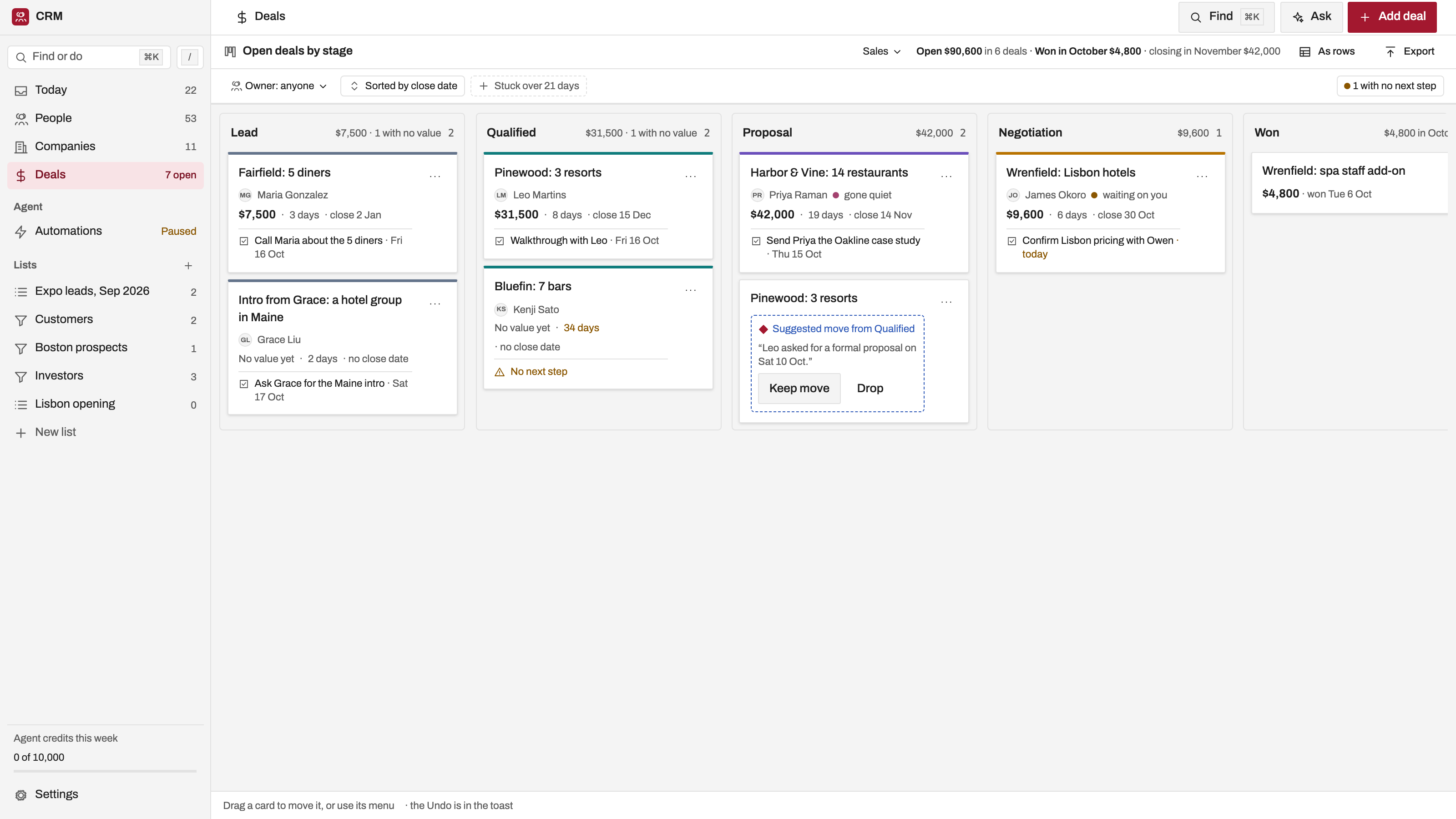 CRM preview with example data