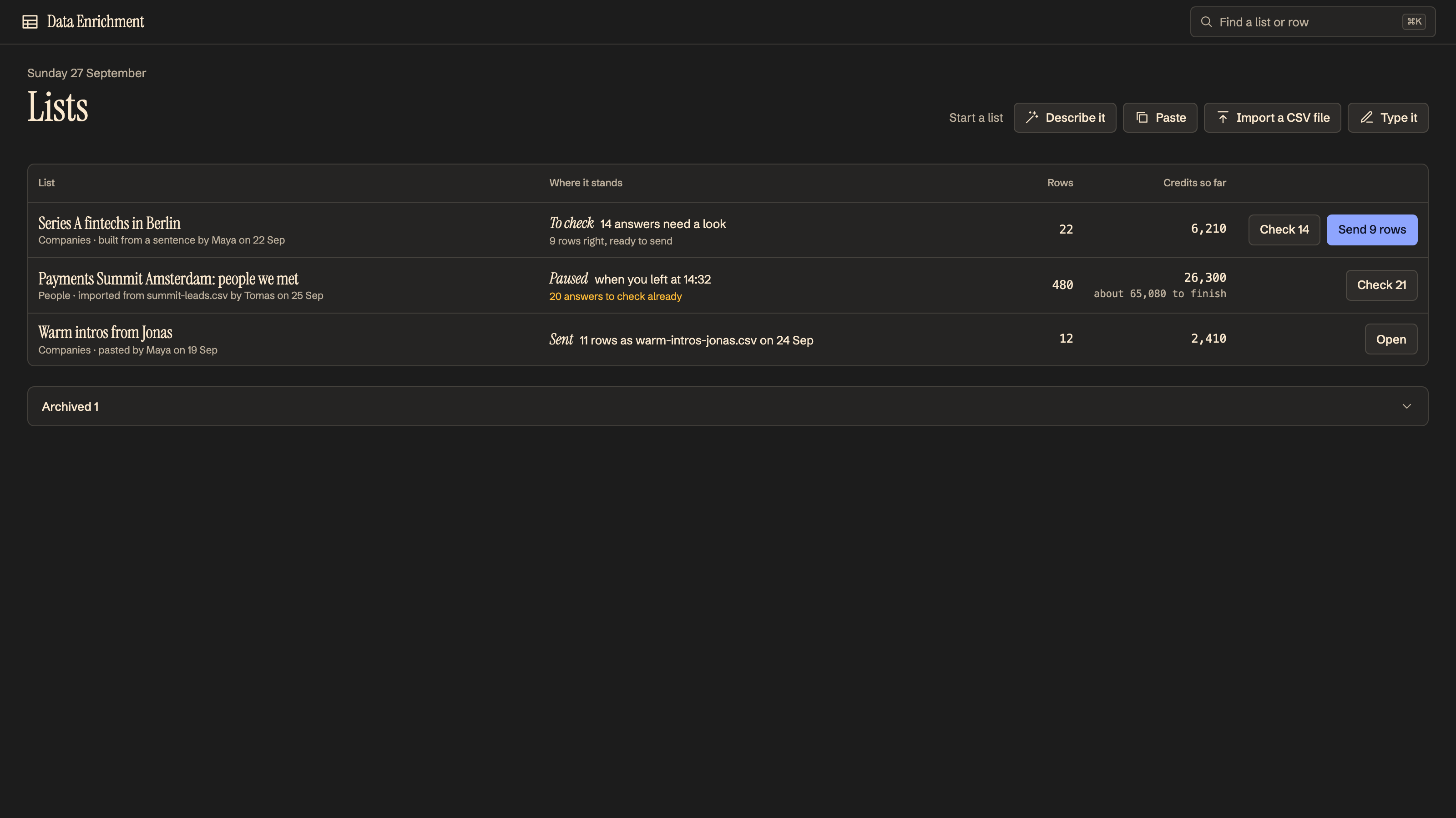 Data Enrichment preview with example data