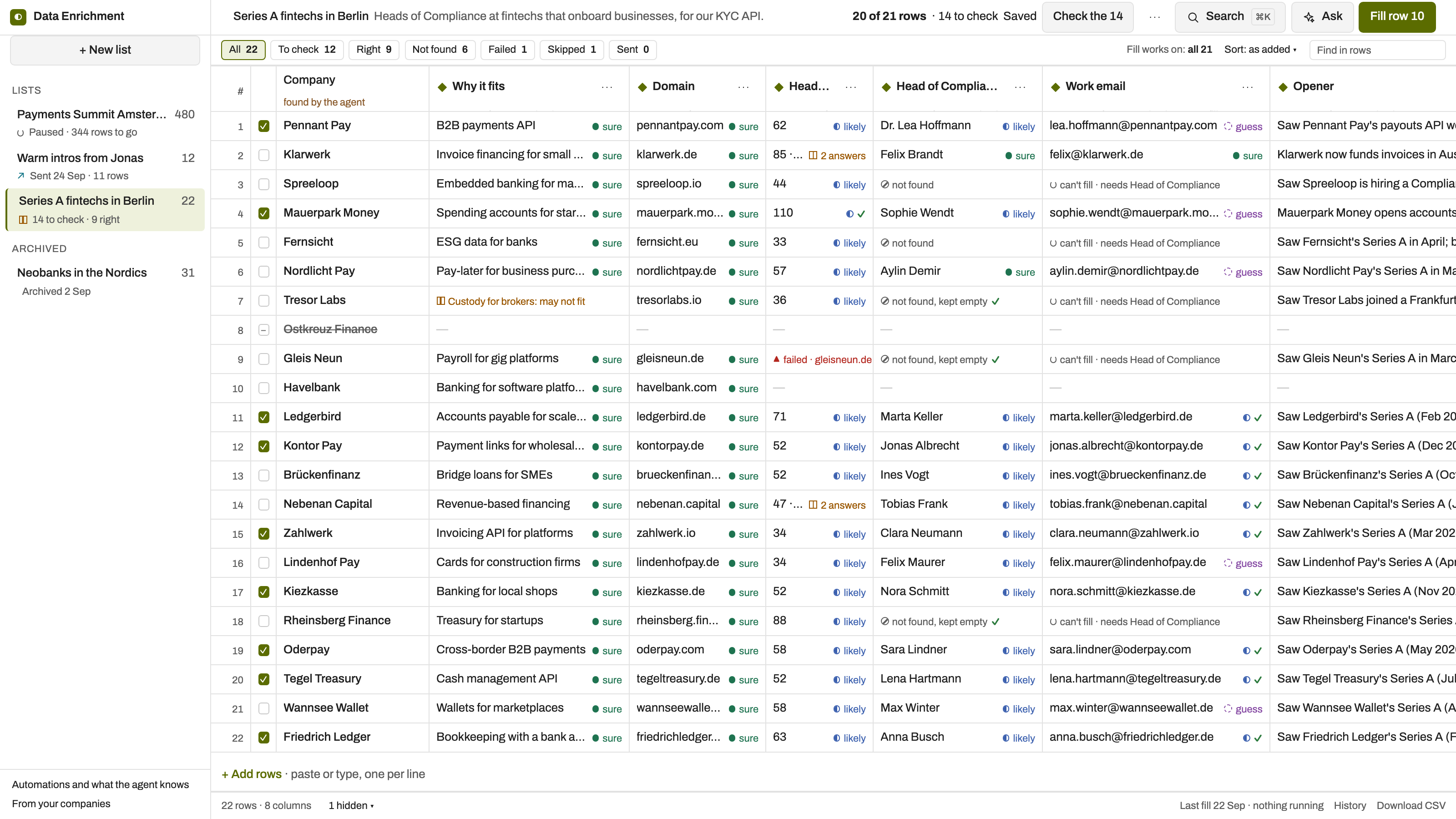 Data Enrichment preview with example data