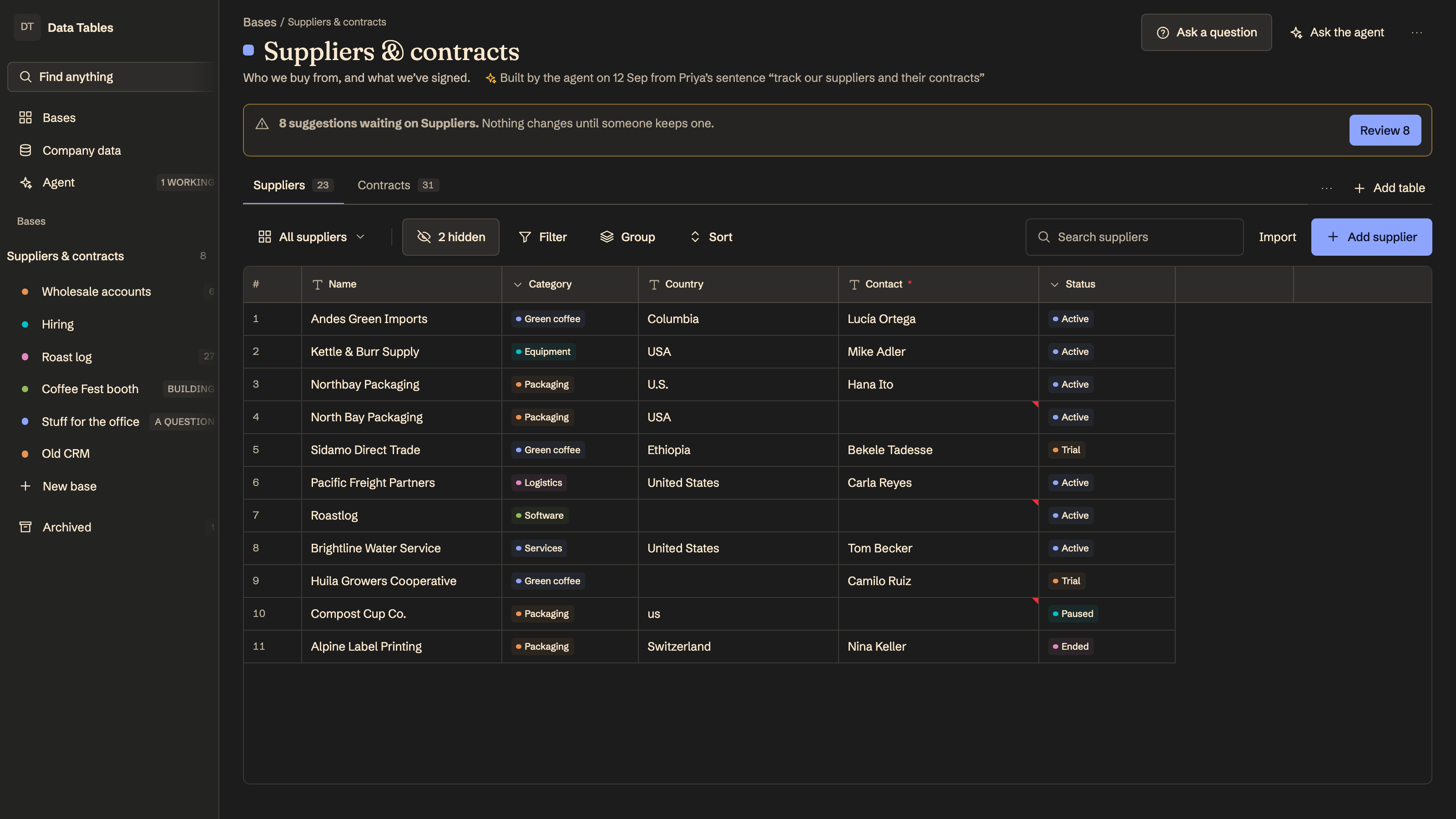 Data Tables preview with example data