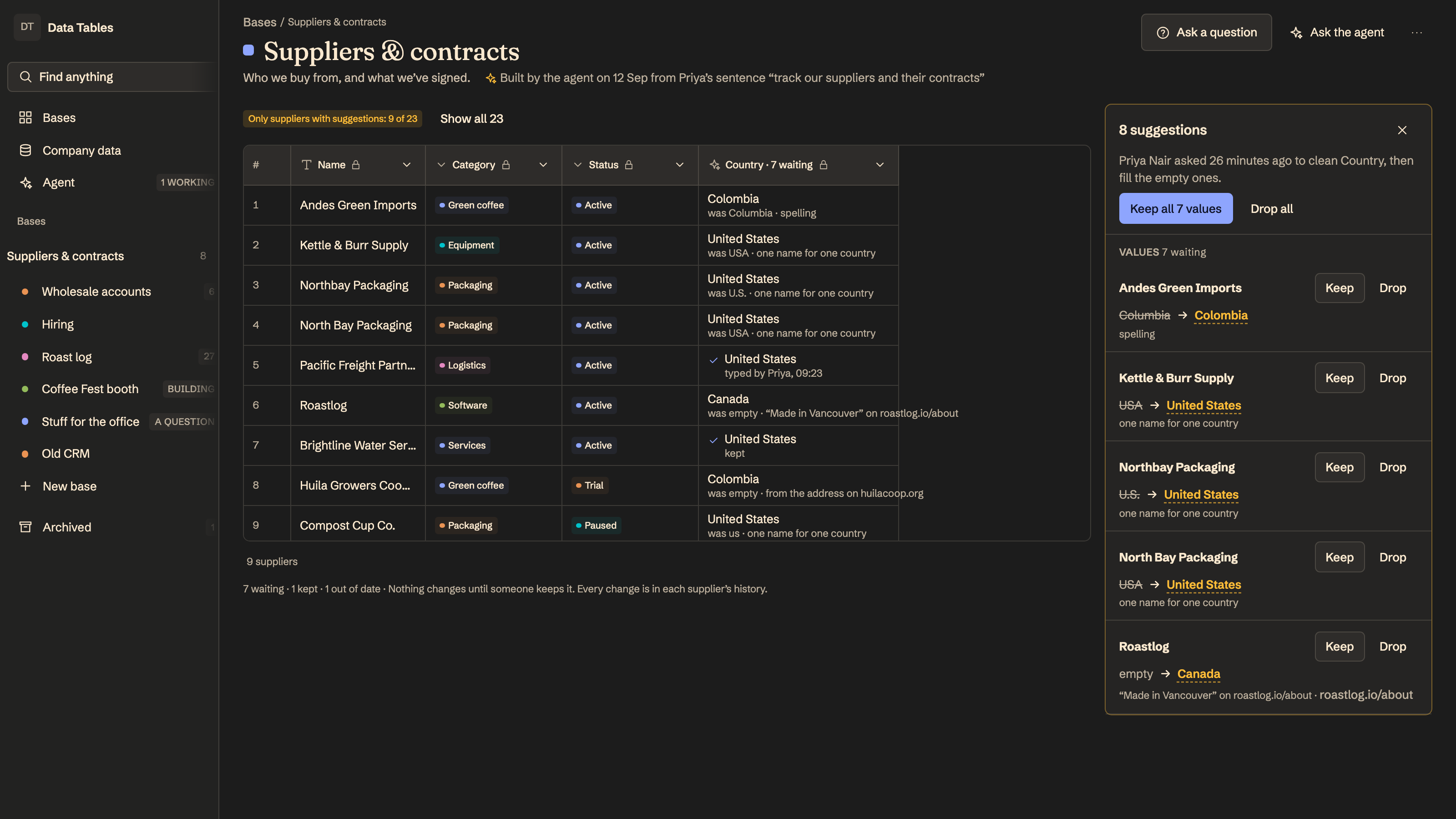Data Tables: The agent fills empty fields, you keep or drop. Example data.