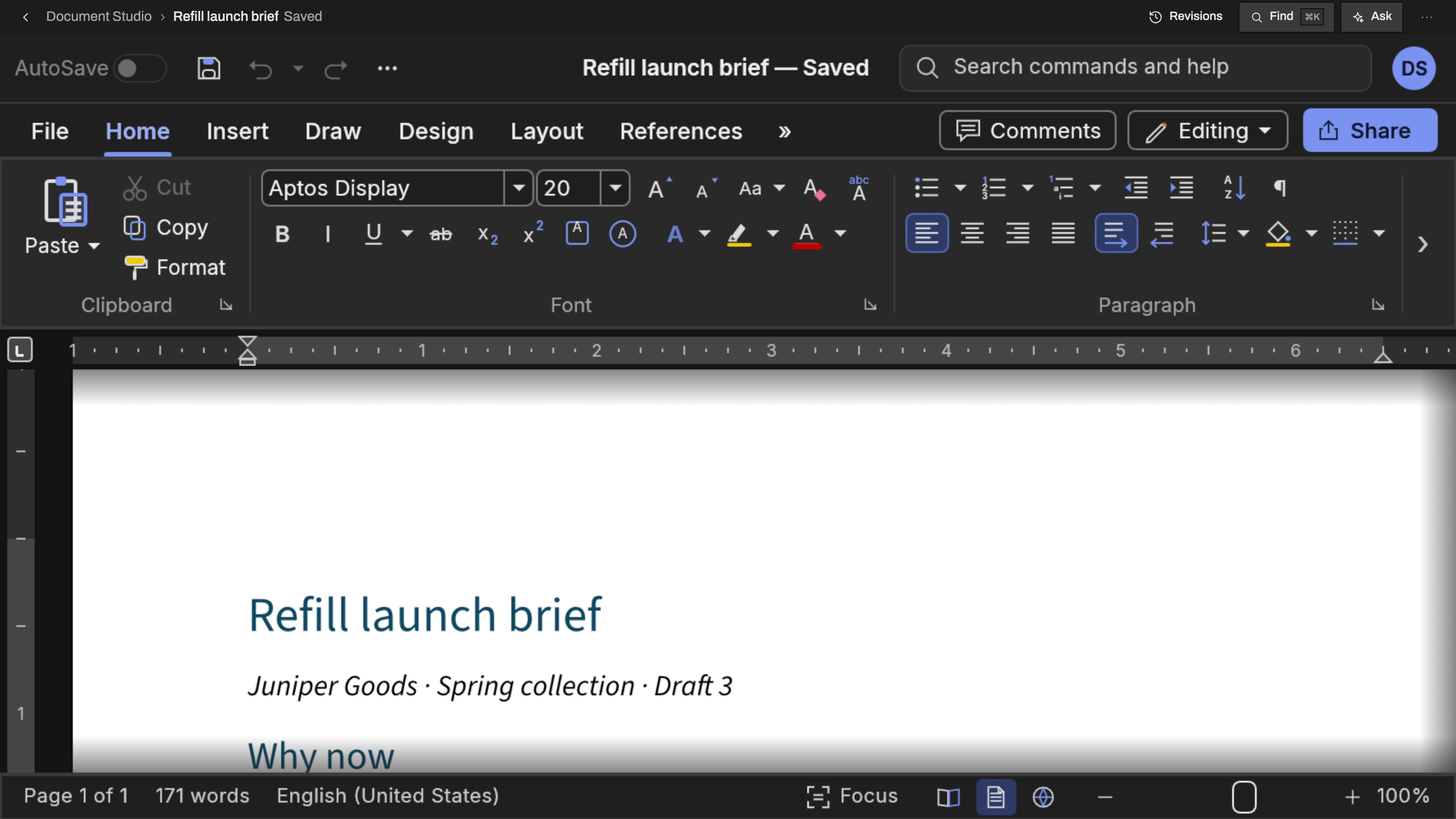 Document Studio: Write in the dark theme. Example data.