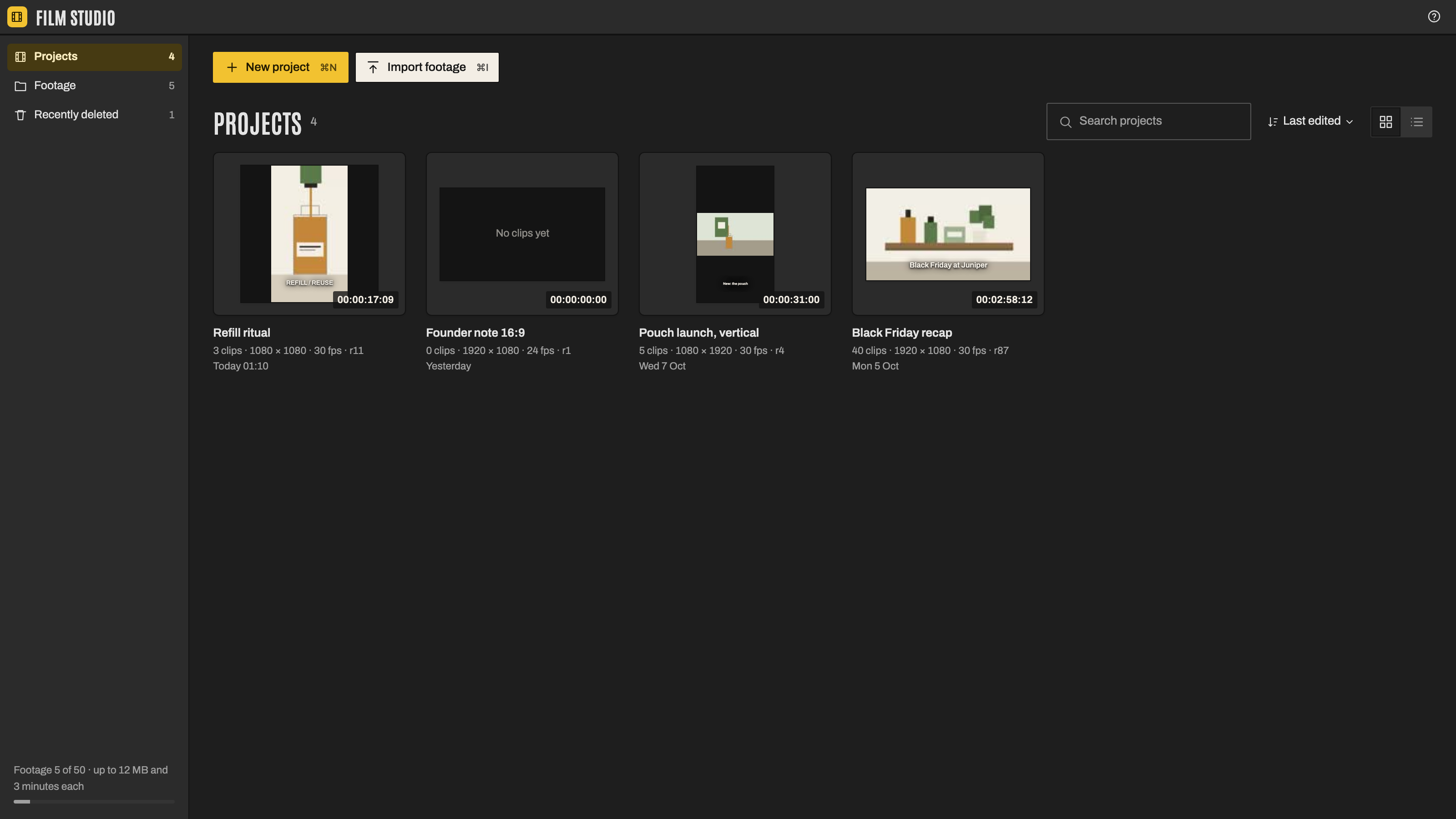 Film Studio: Your projects. Example data.