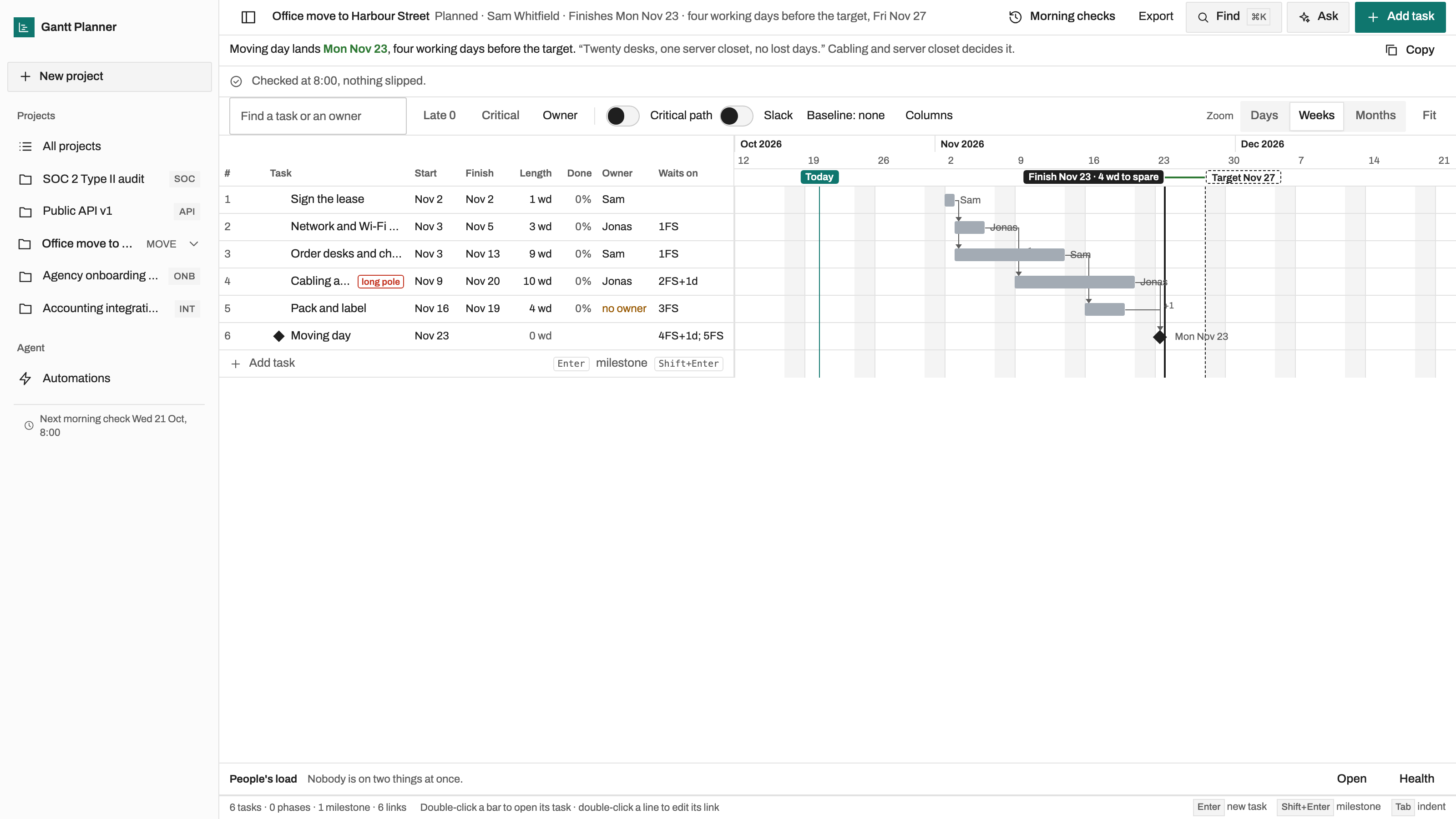 Gantt Planner preview with example data