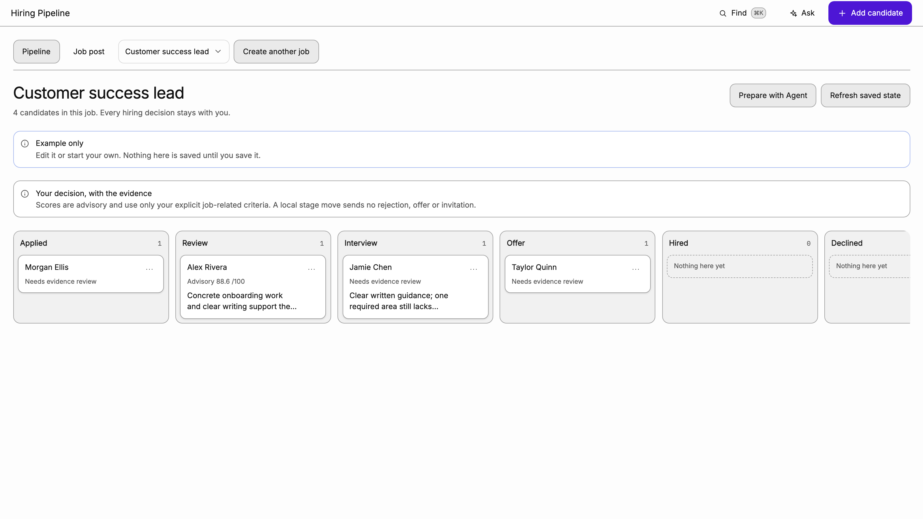Hiring Pipeline preview with example data