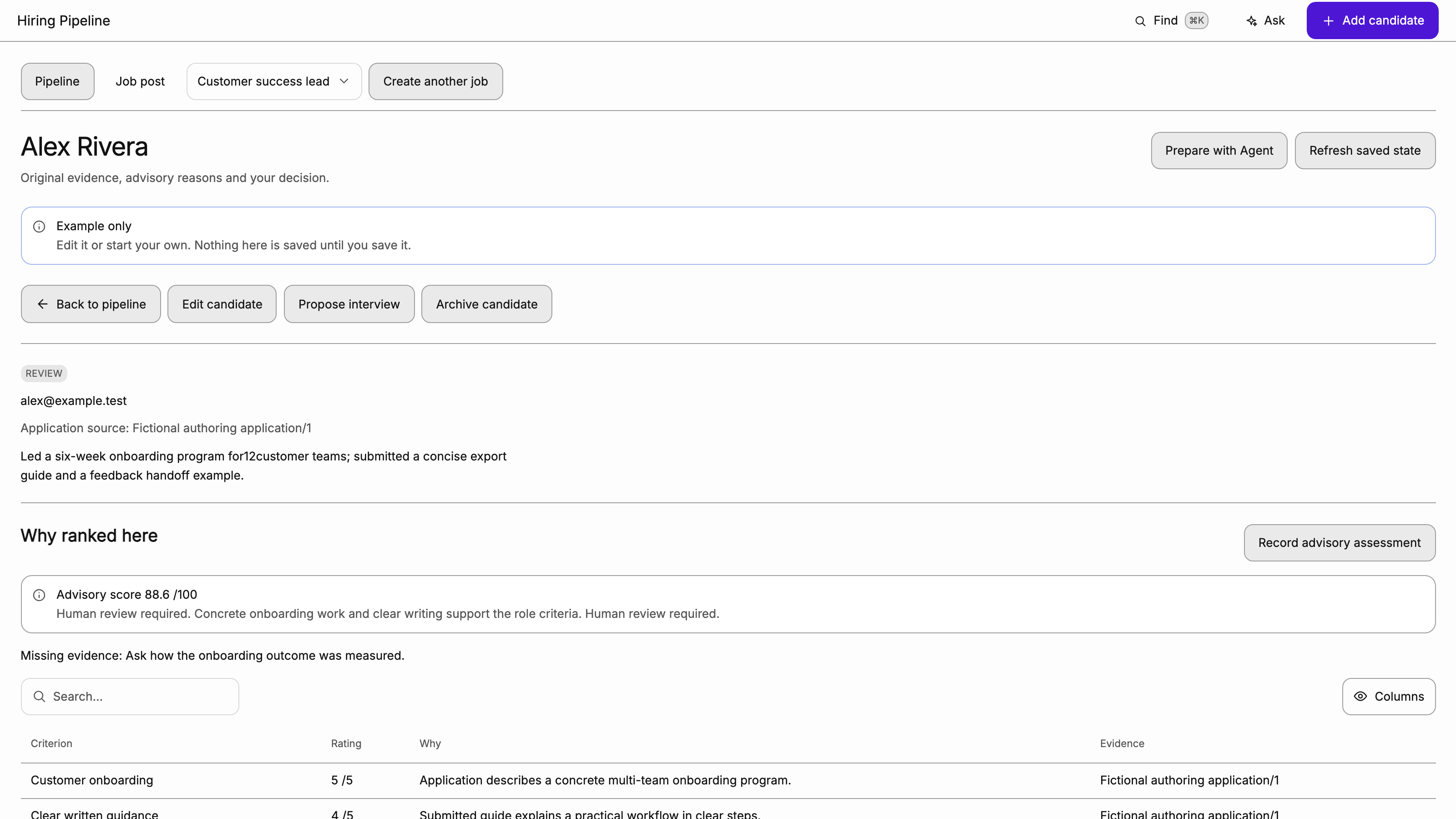 Hiring Pipeline: See the evidence behind the advisory ranking. Example data.