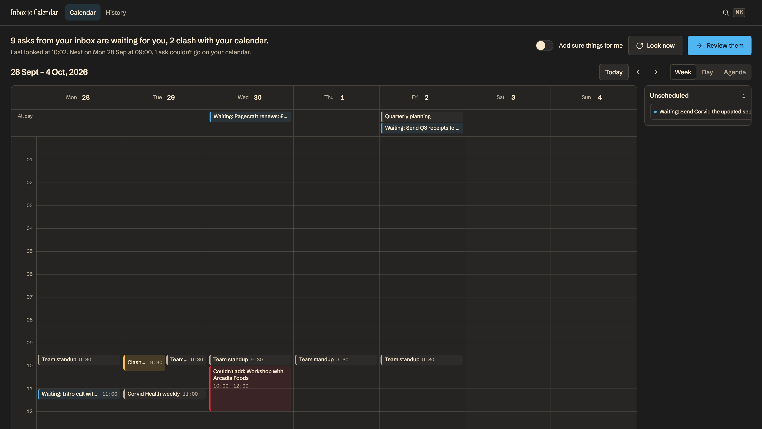 Inbox to Calendar preview with example data