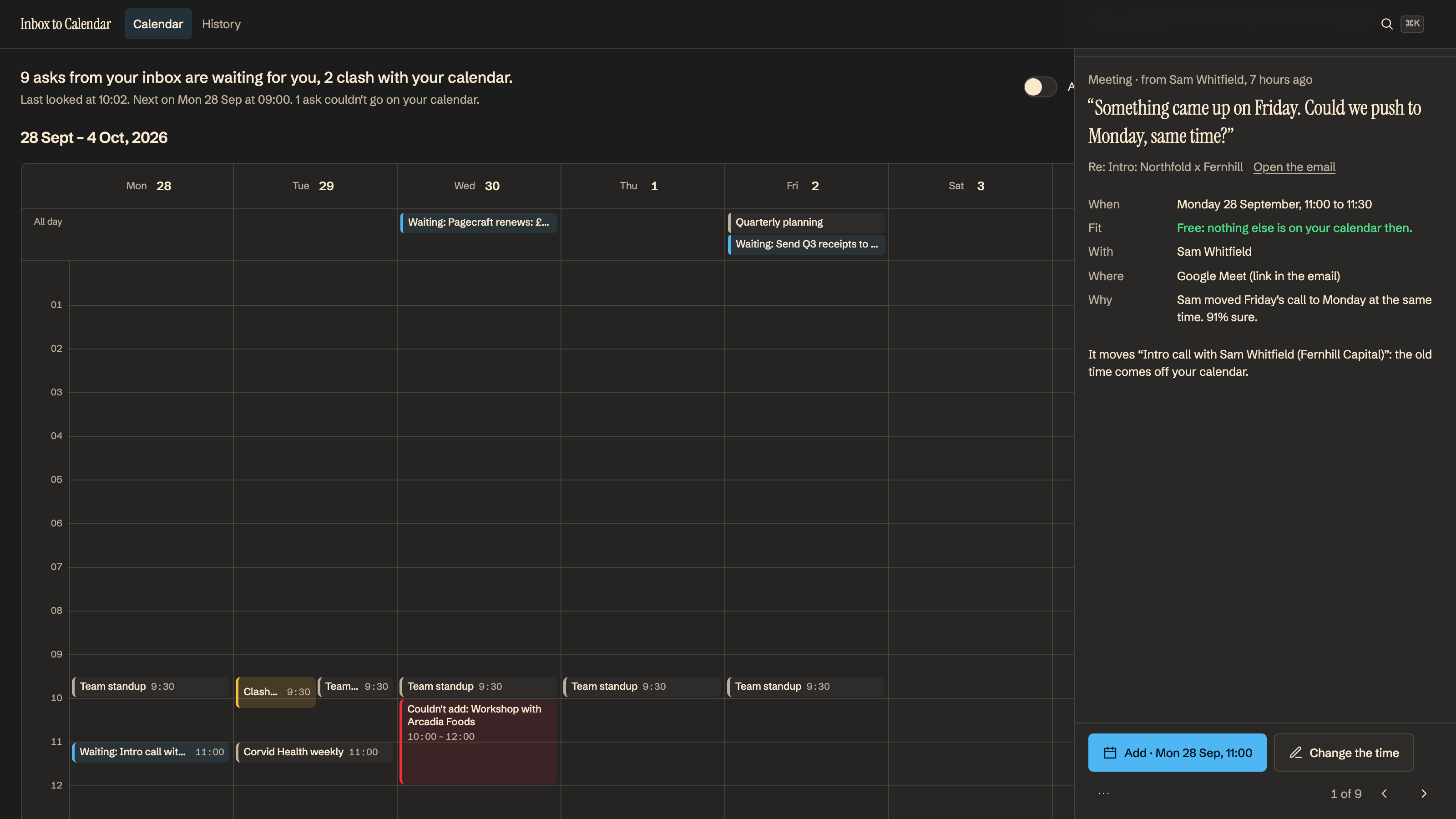 Inbox to Calendar: Their words, the fit, one click to add. Example data.