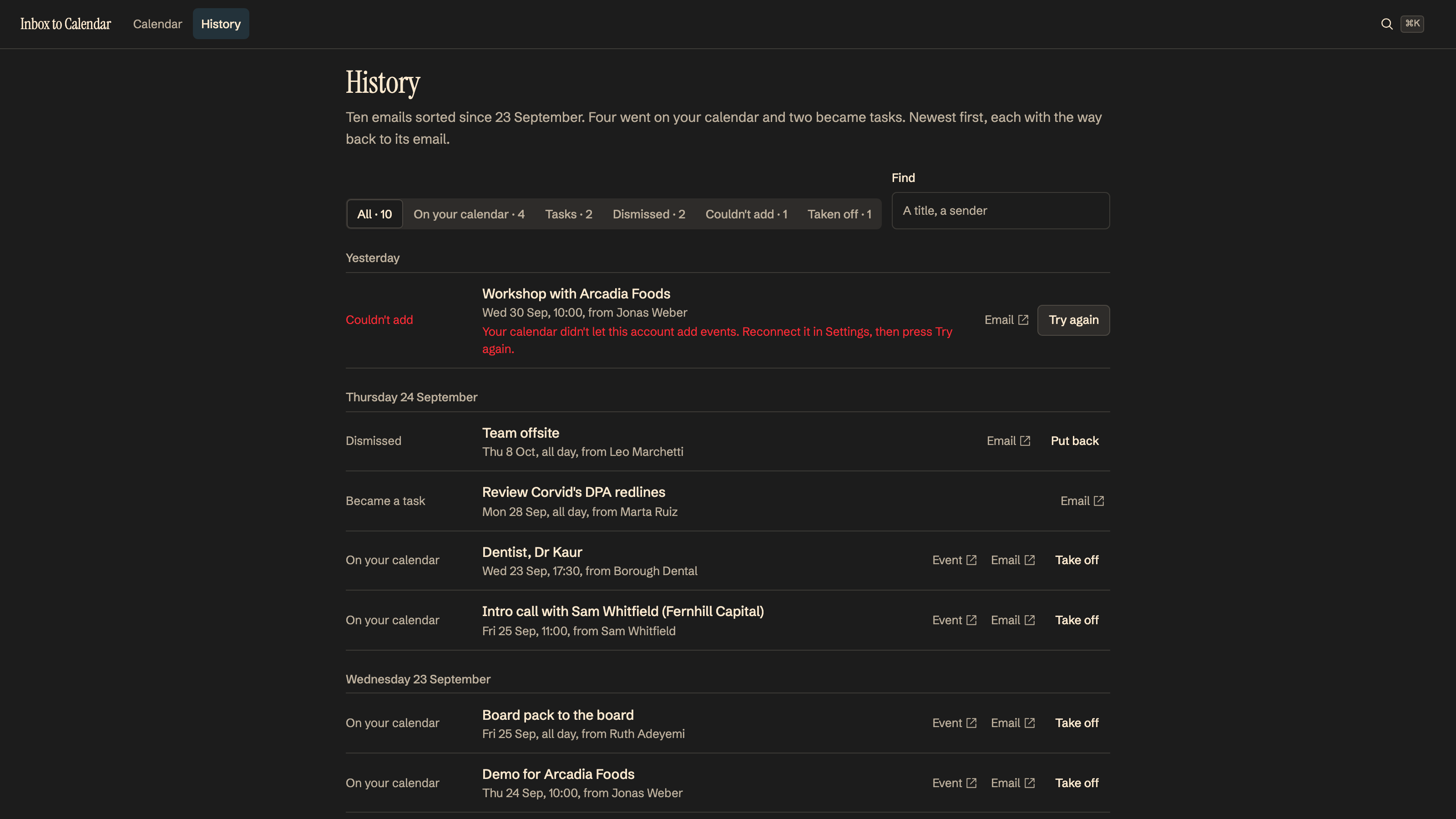 Inbox to Calendar: Every decision, with the way back to its email. Example data.