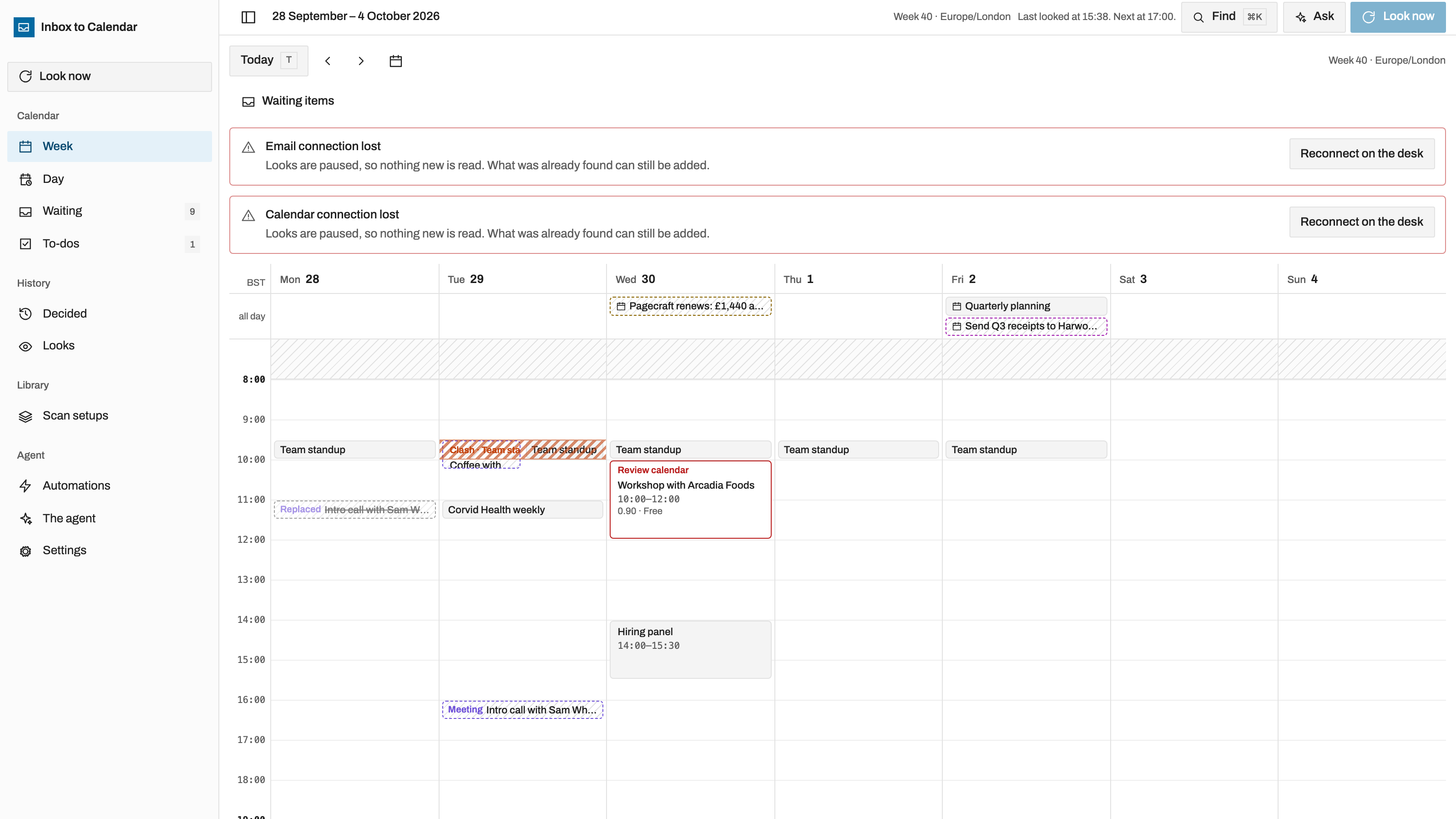 Inbox to Calendar preview with example data