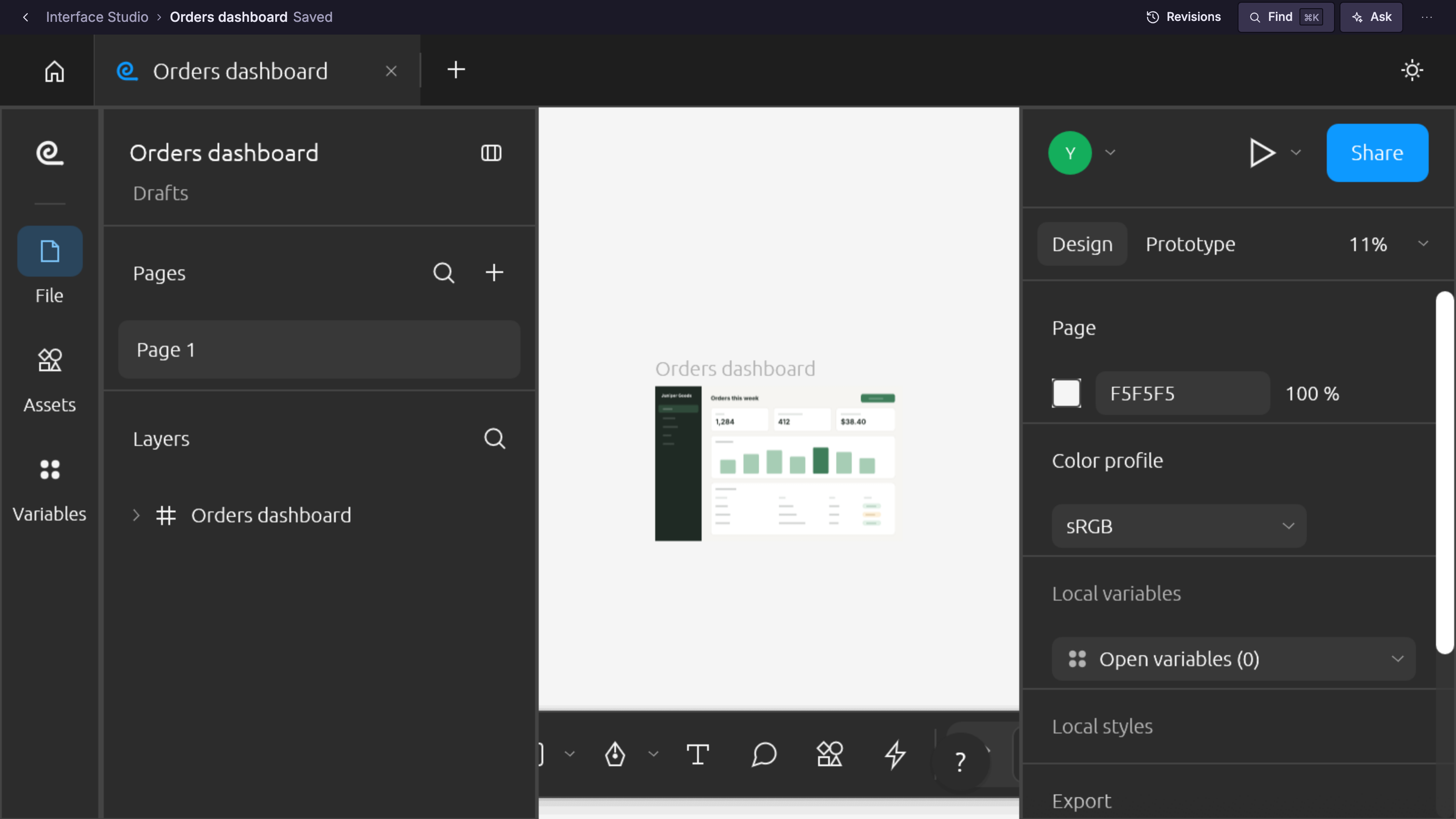 Interface Studio: Design in the dark theme. Example data.
