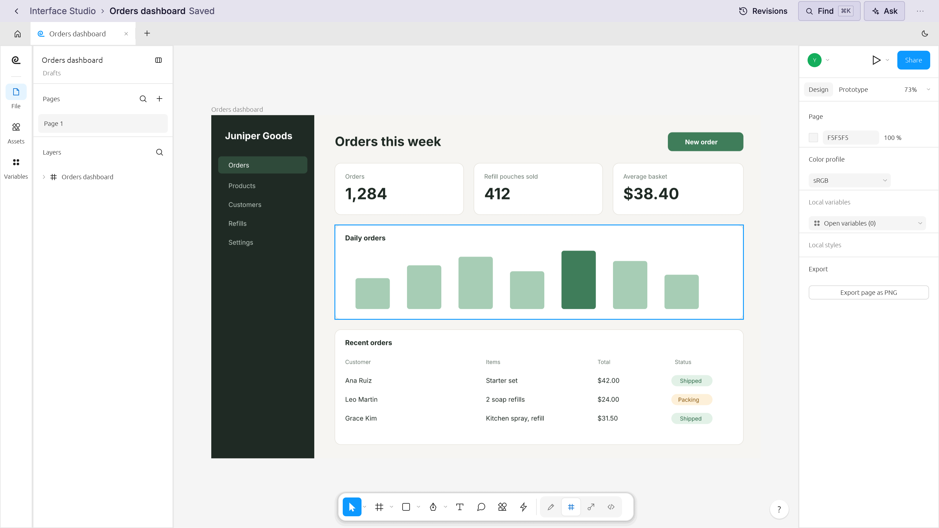 Interface Studio preview with example data