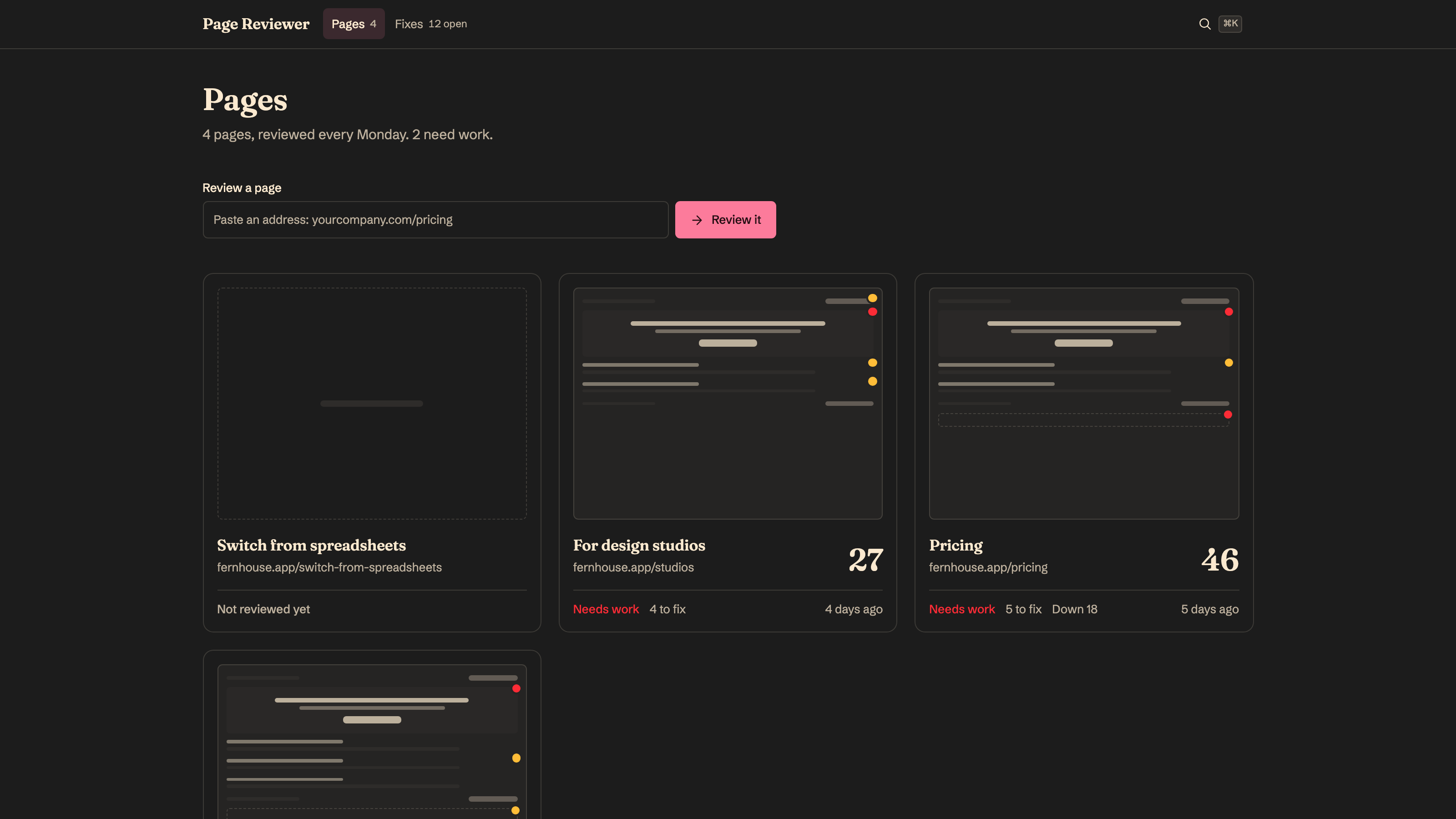 Landing Page Reviewer: Every page, and how it's doing. Example data.