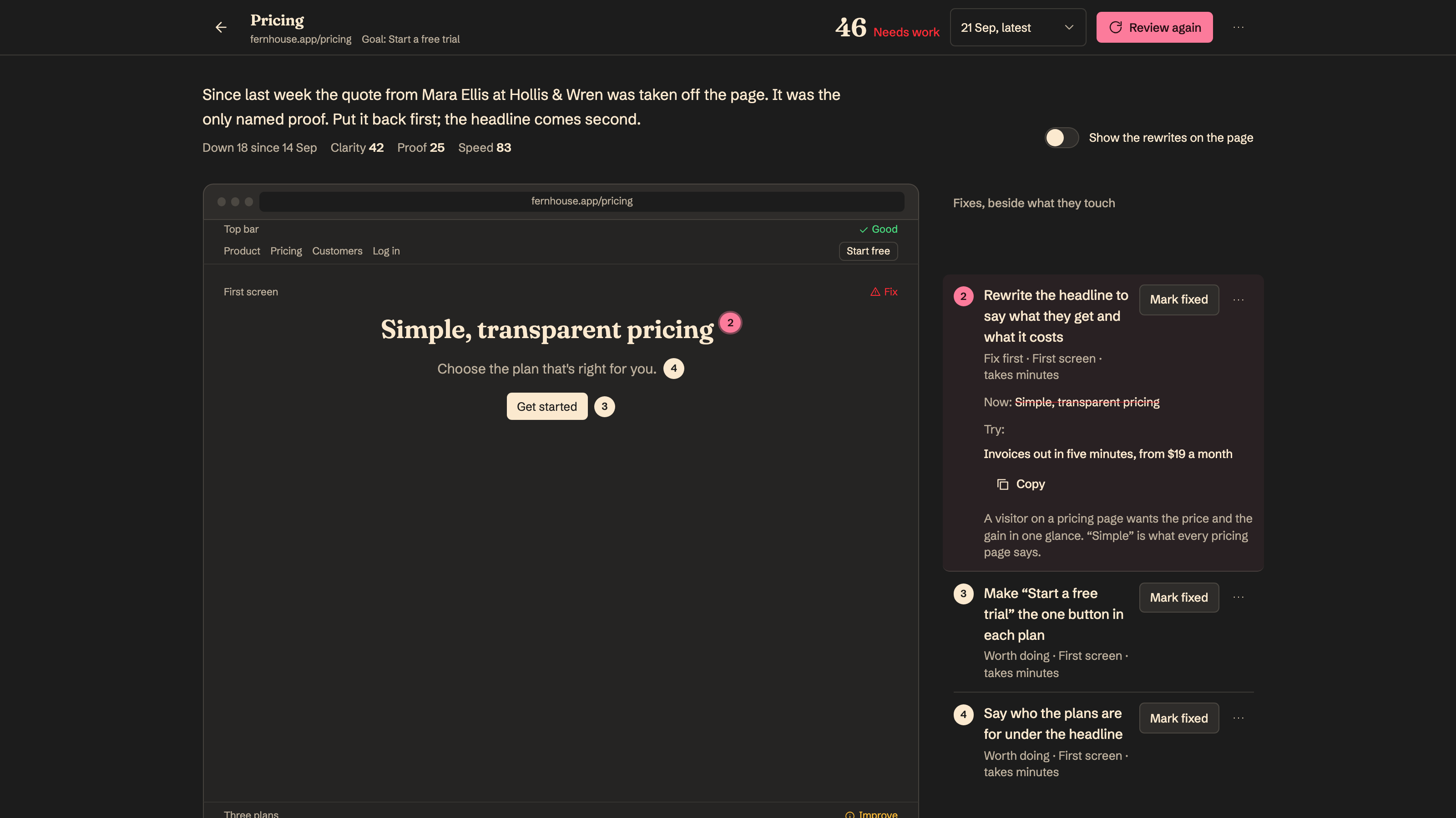 Landing Page Reviewer: What to fix, pinned on the page. Example data.