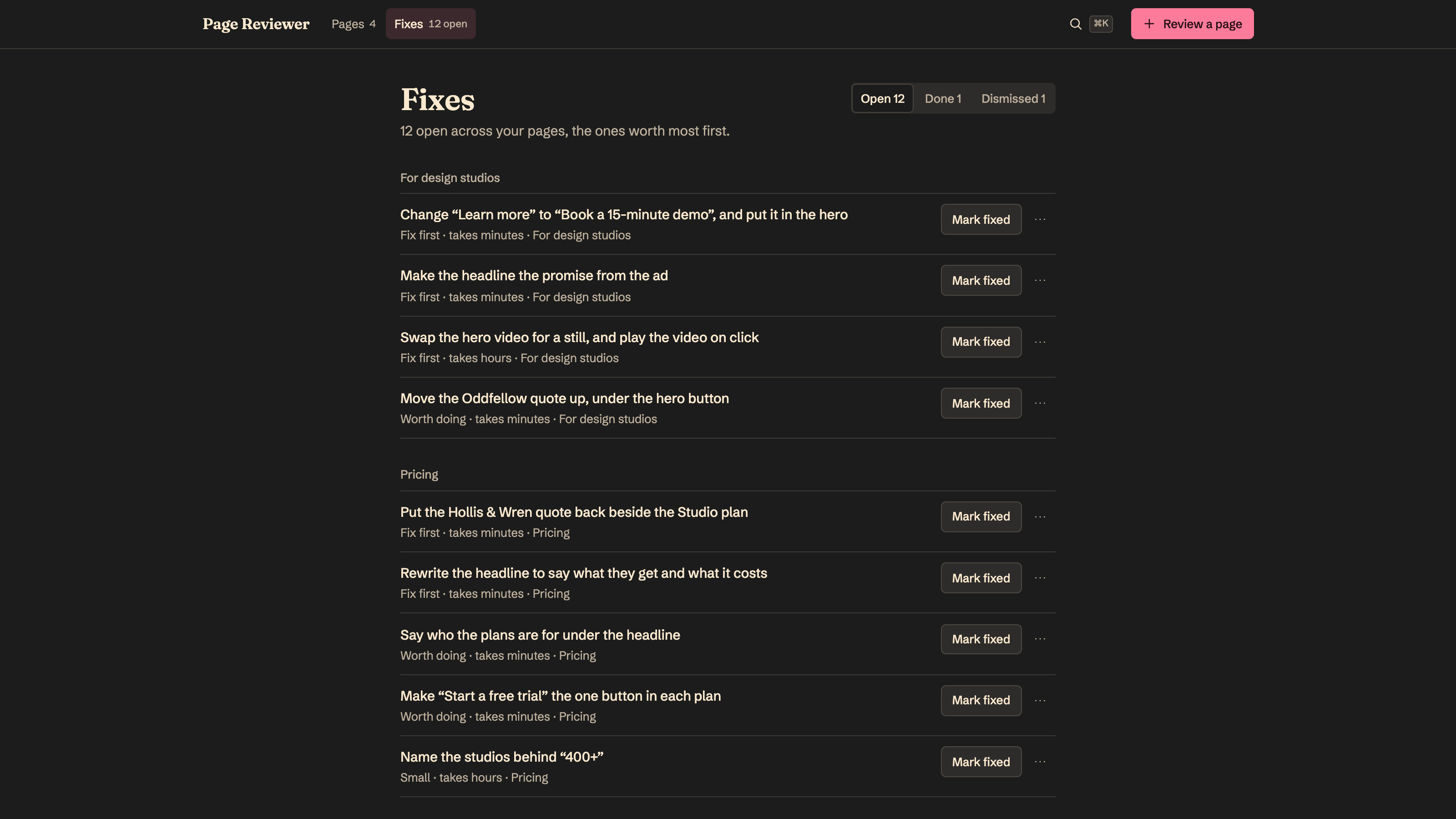 Landing Page Reviewer preview with example data