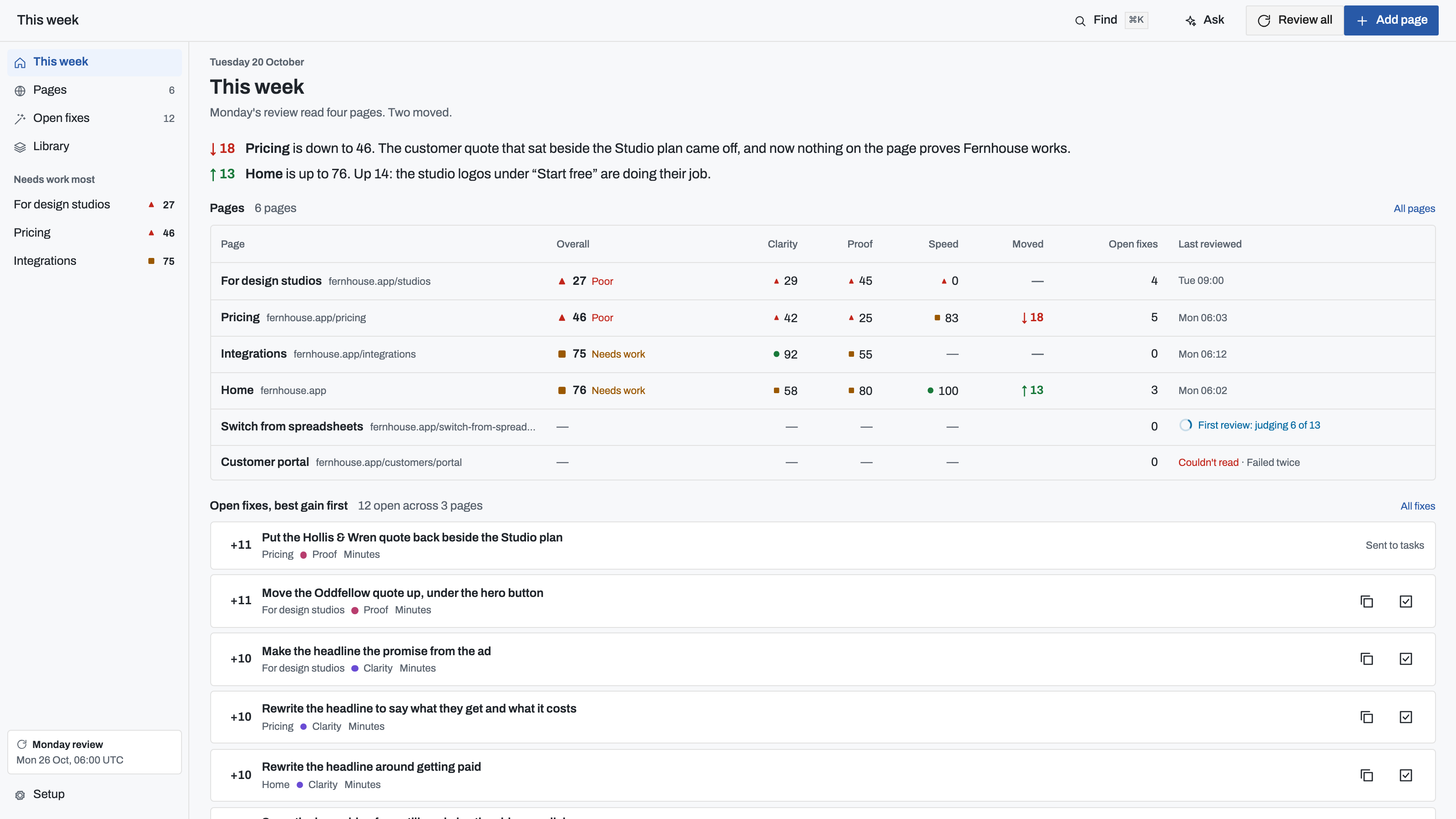 Landing Page Reviewer preview with example data