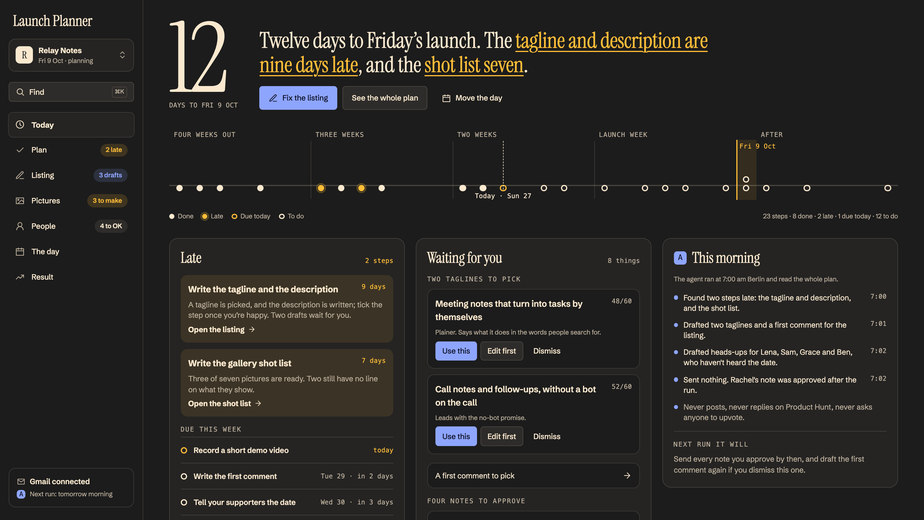 Launch Planner: Today: twelve days out, what's late, underlined. Example data.