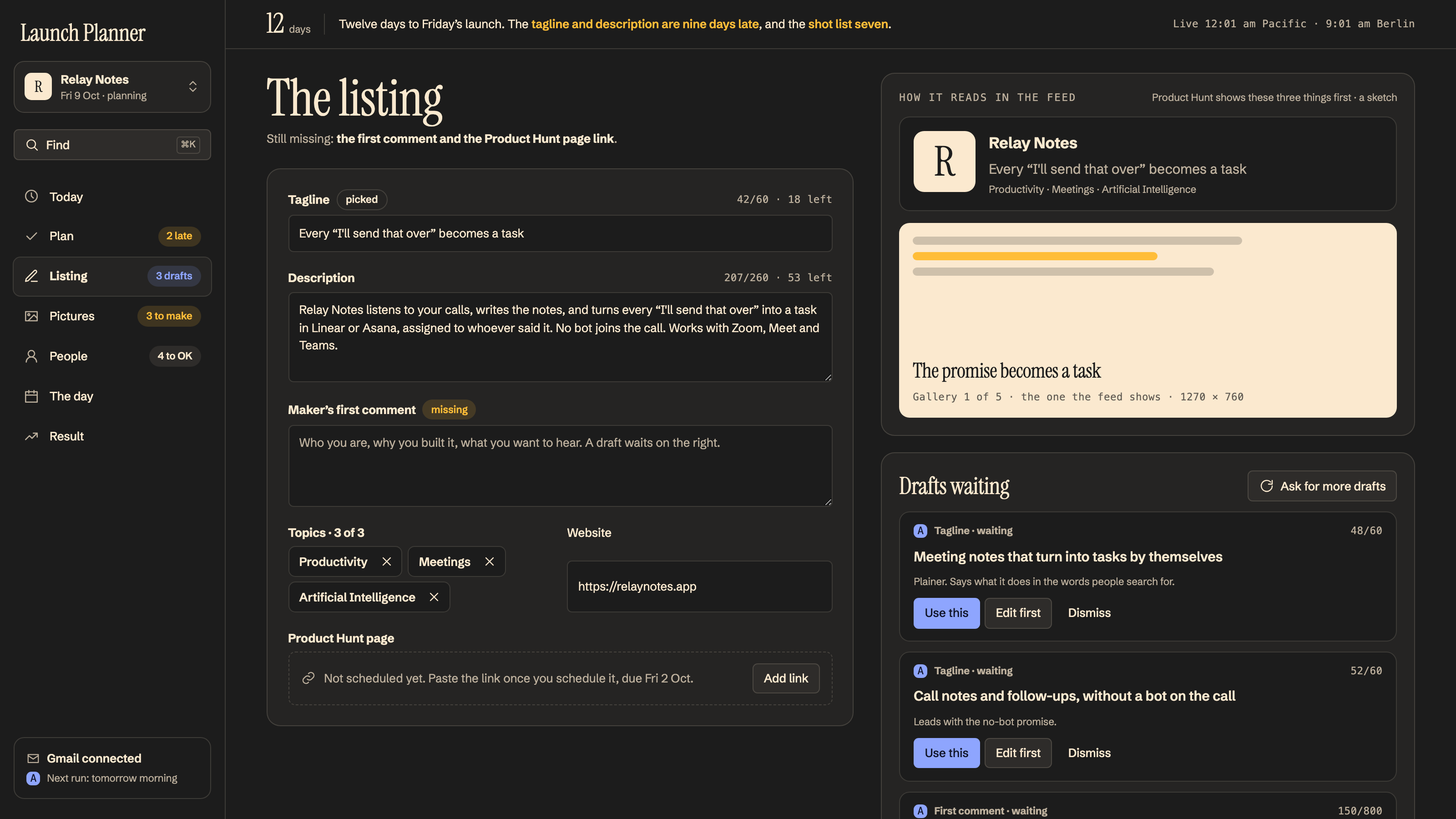 Launch Planner: Listing: counted as you type, and how the feed shows it. Example data.