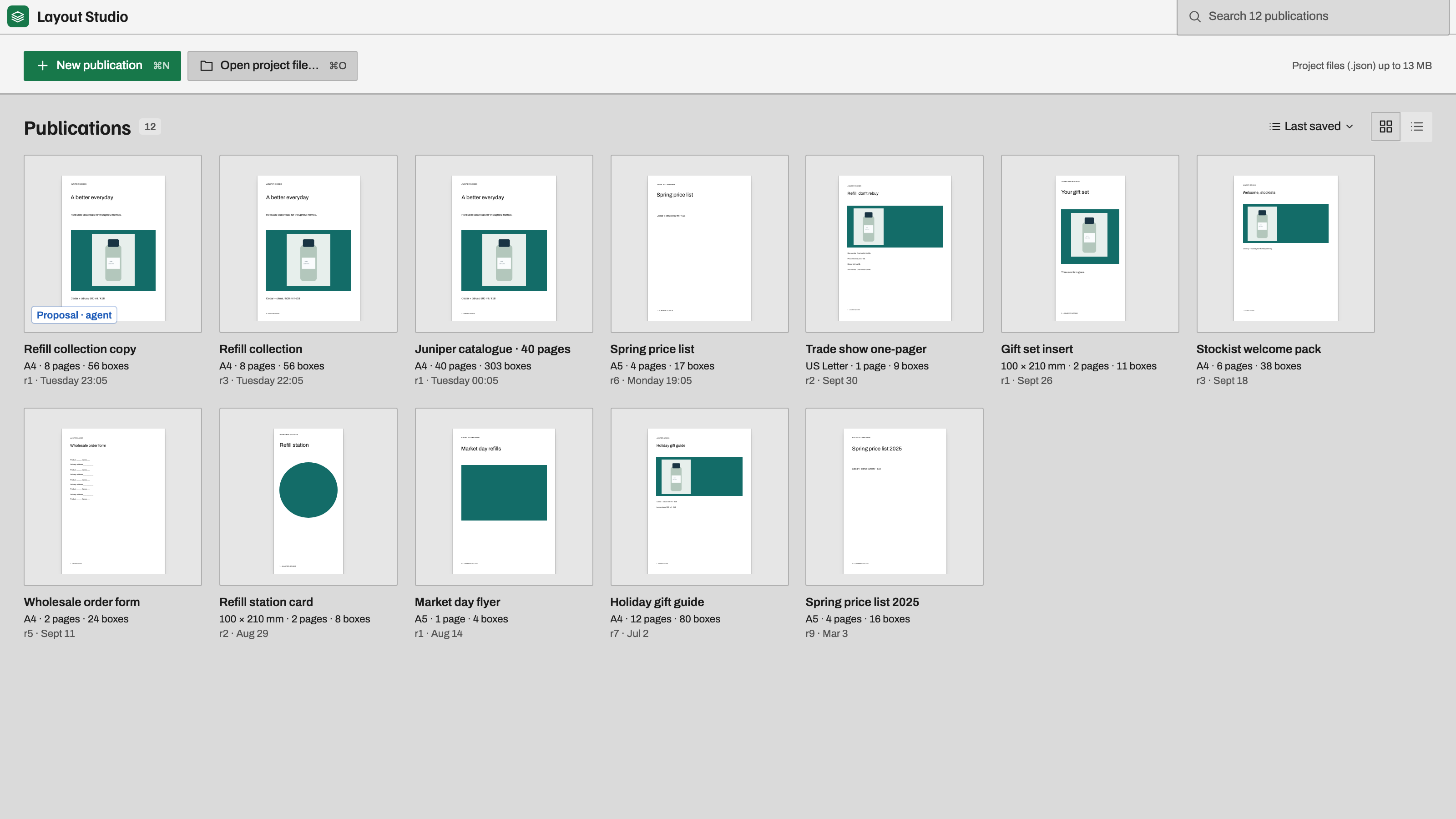 Layout Studio: Every publication at its true page size. Example data.