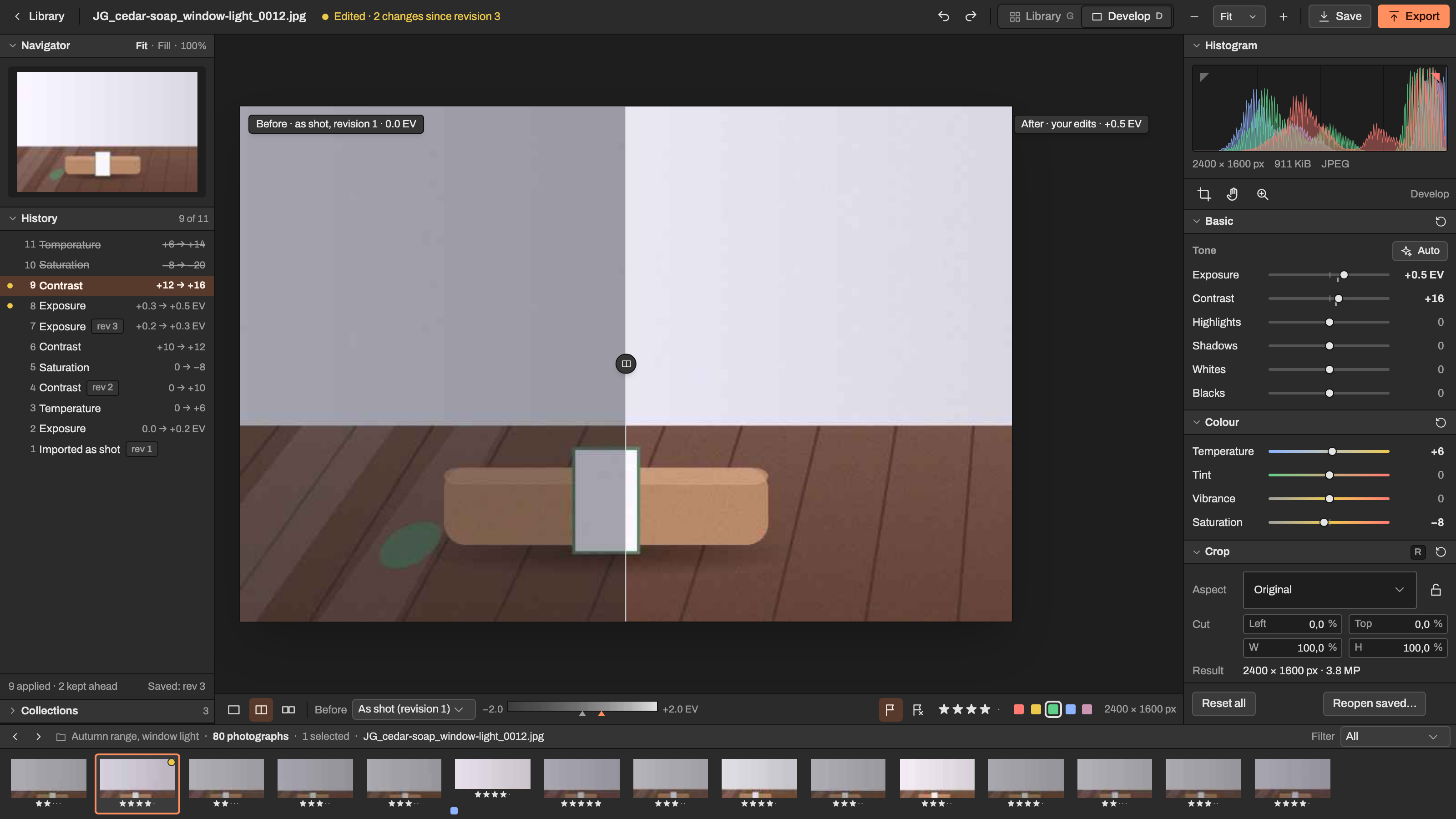 Light Studio: Before and after, each side's exposure. Example data.