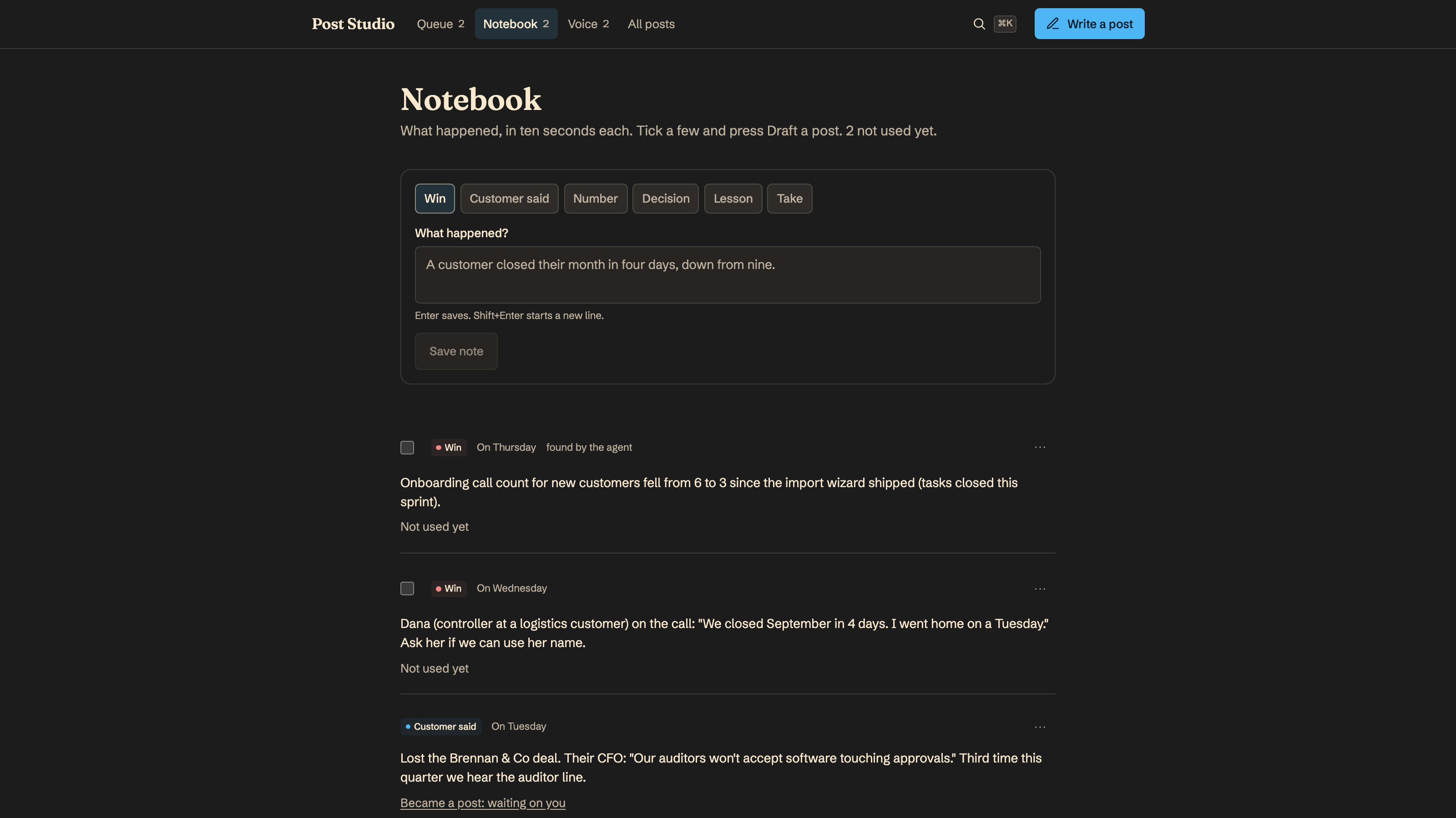 LinkedIn Post Studio: Pick what happened, press Draft a post. Example data.