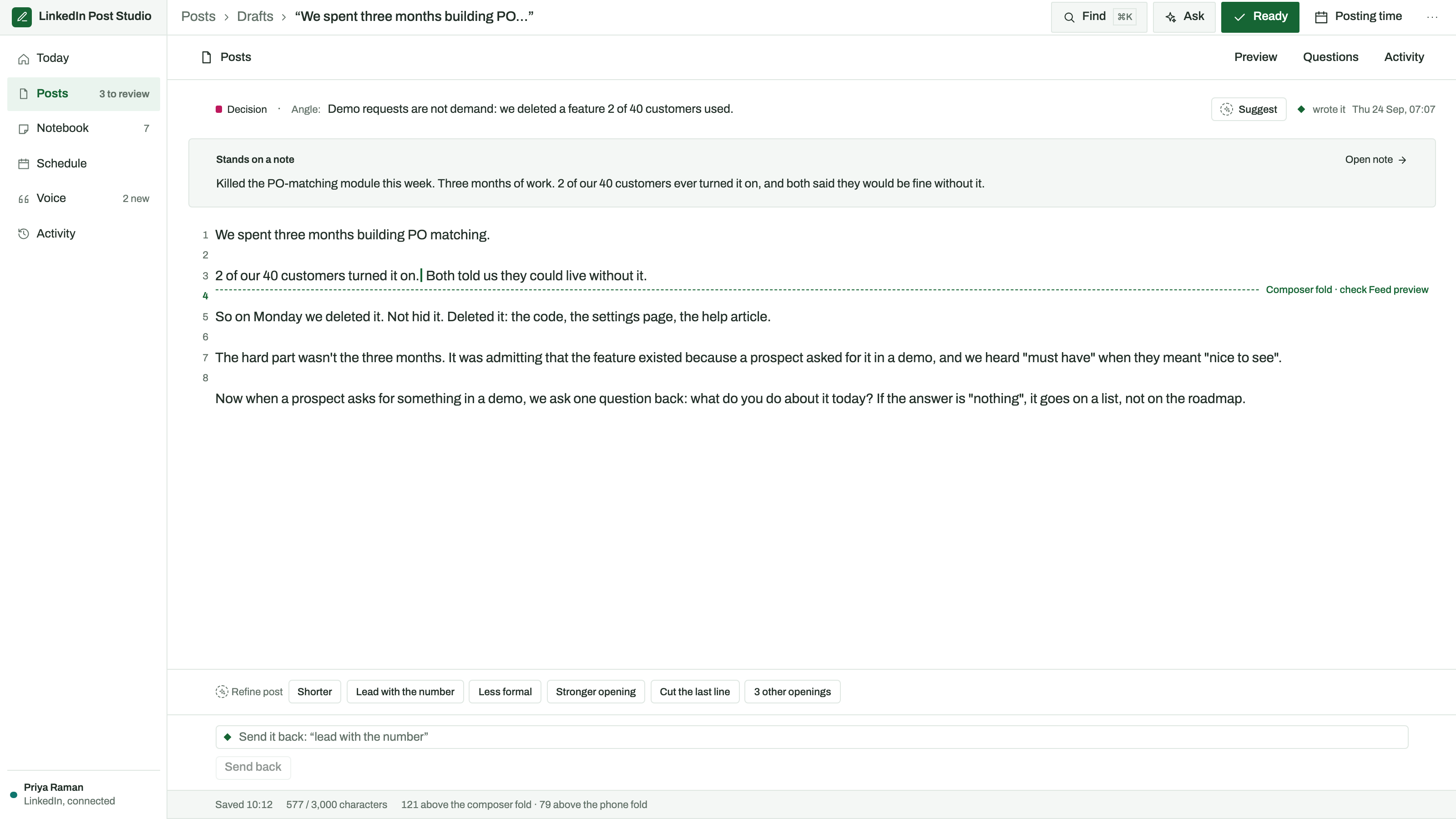 LinkedIn Post Studio preview with example data