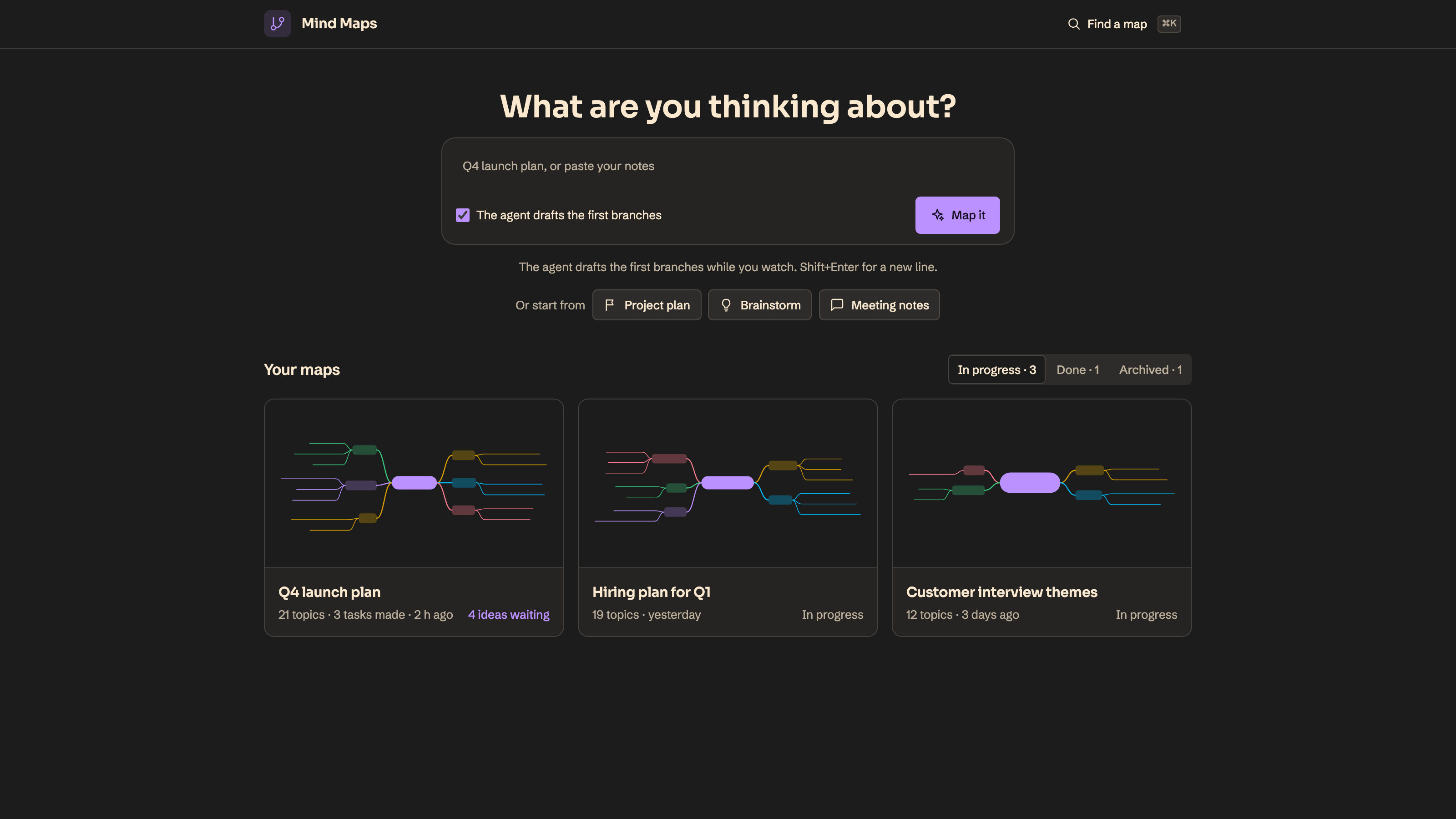 Mind Maps preview with example data