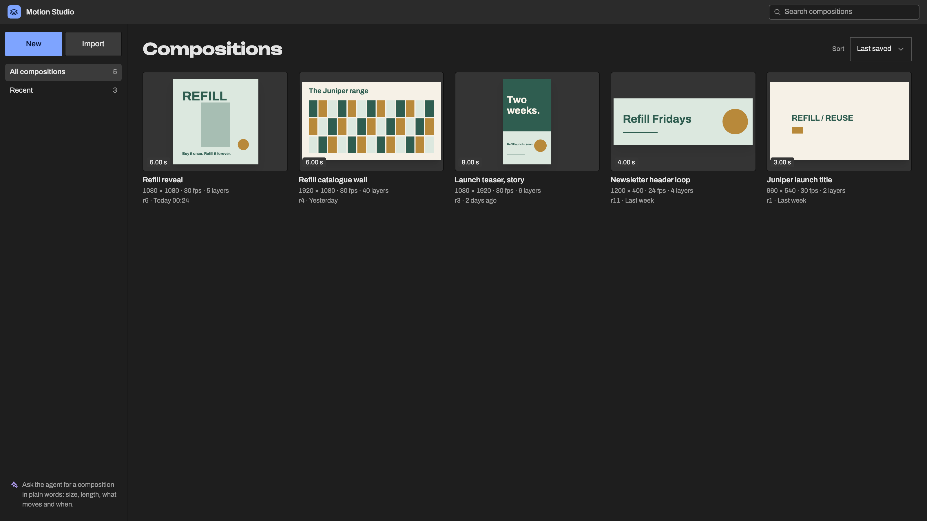 Motion Studio: Every composition, as a thumbnail. Example data.