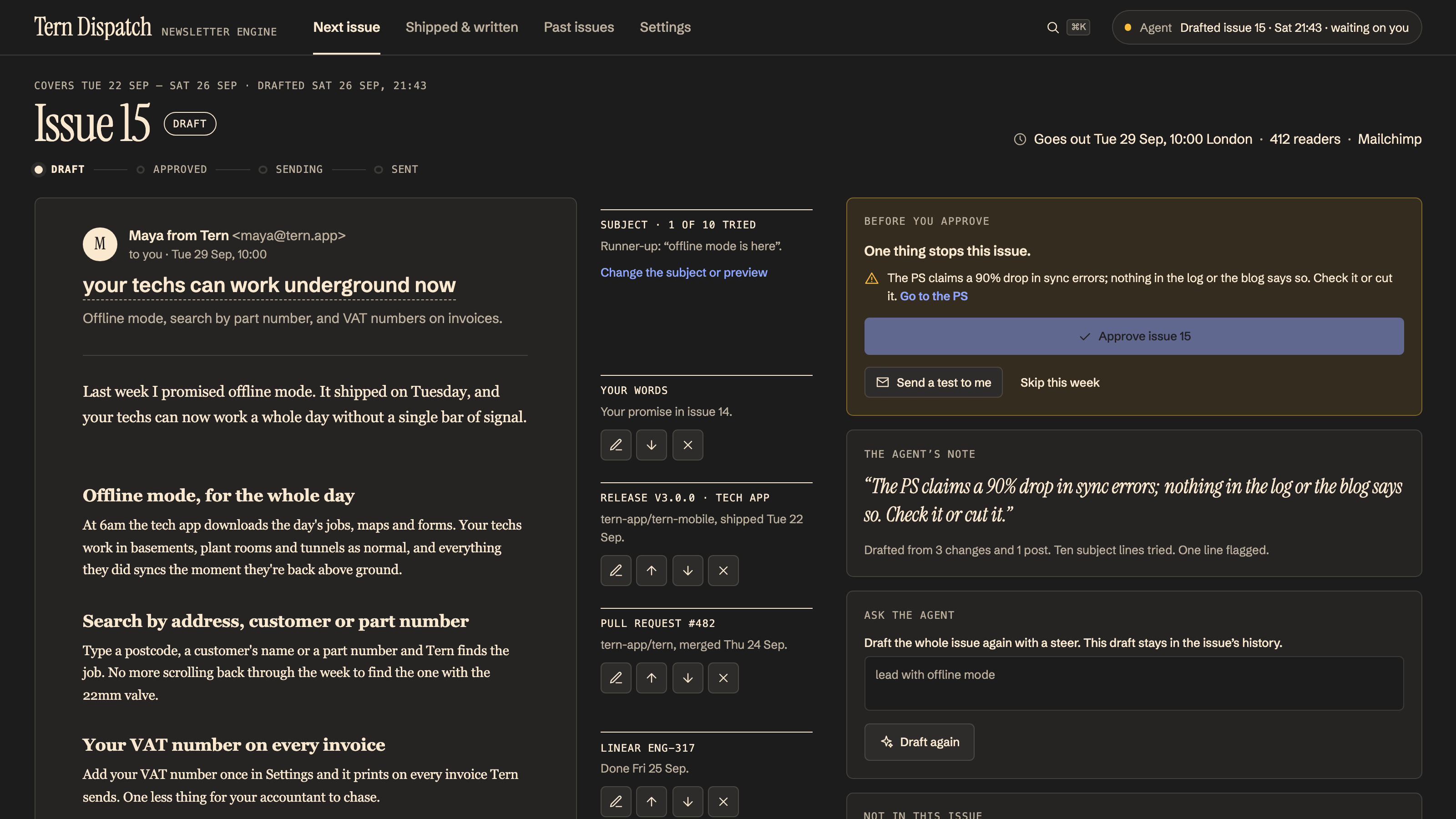 Newsletter Engine: Next issue, with its sources in the margin. Example data.