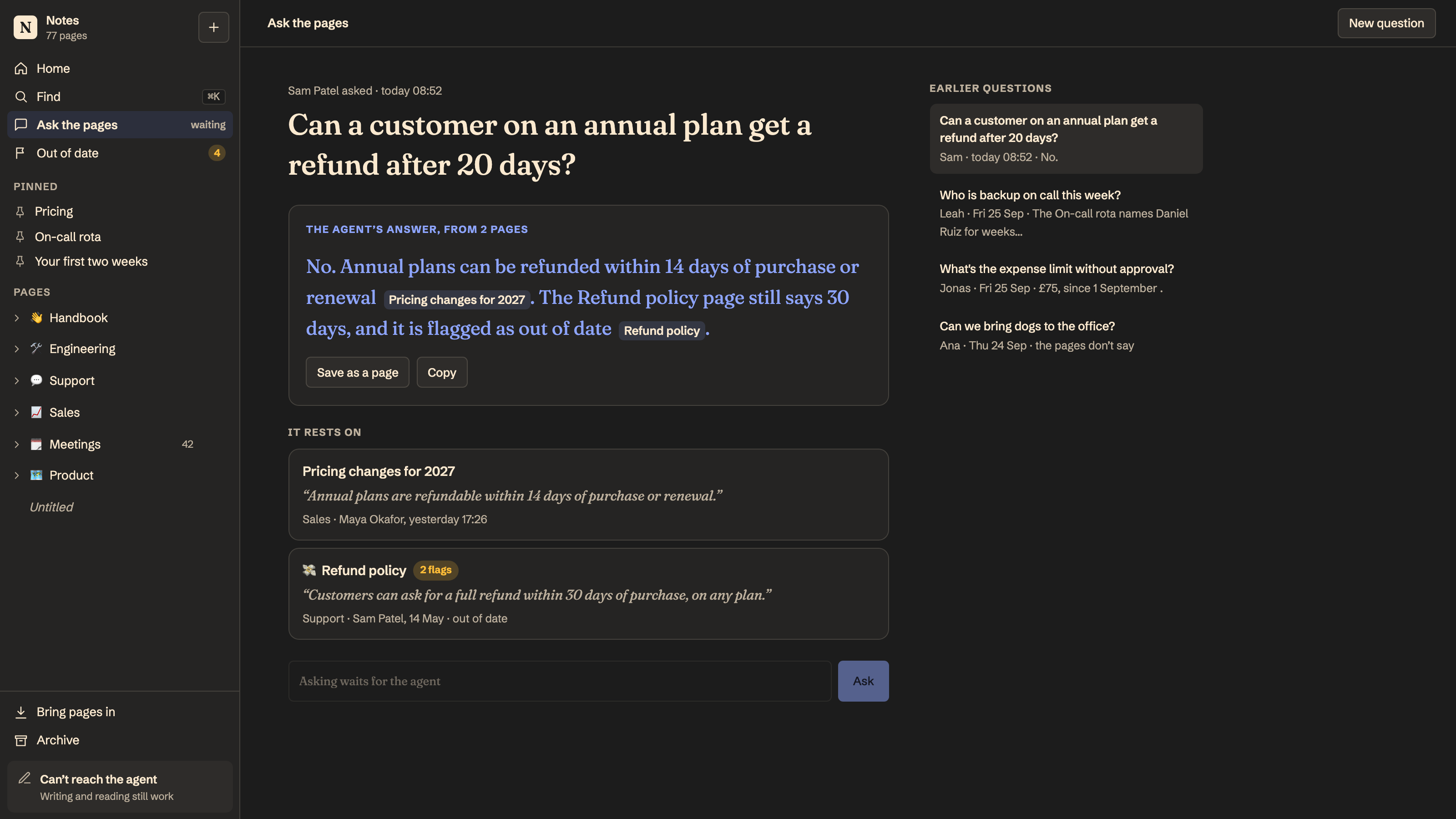 Notes: Ask the pages, get an answer with sources. Example data.