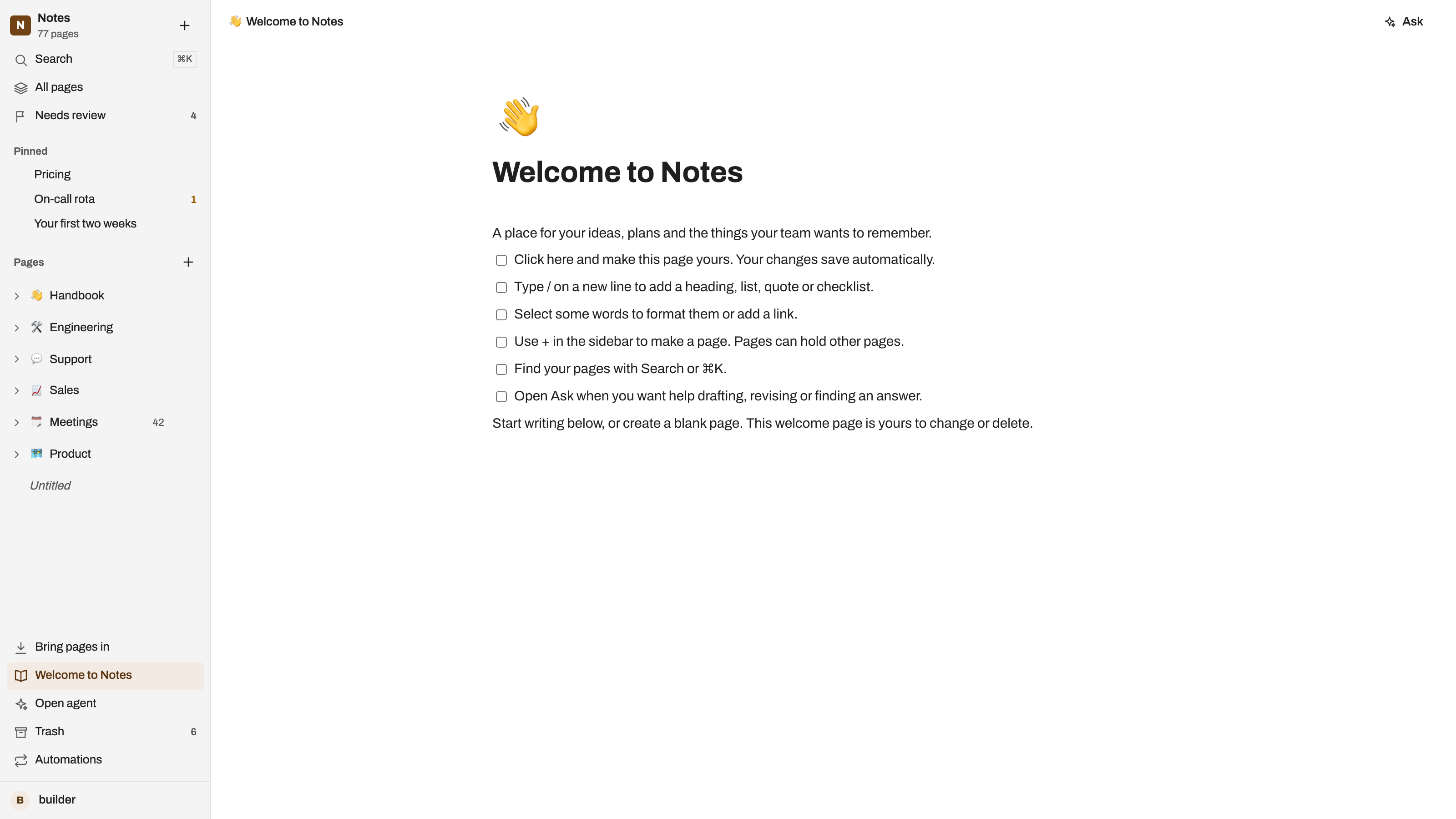 Notes preview with example data