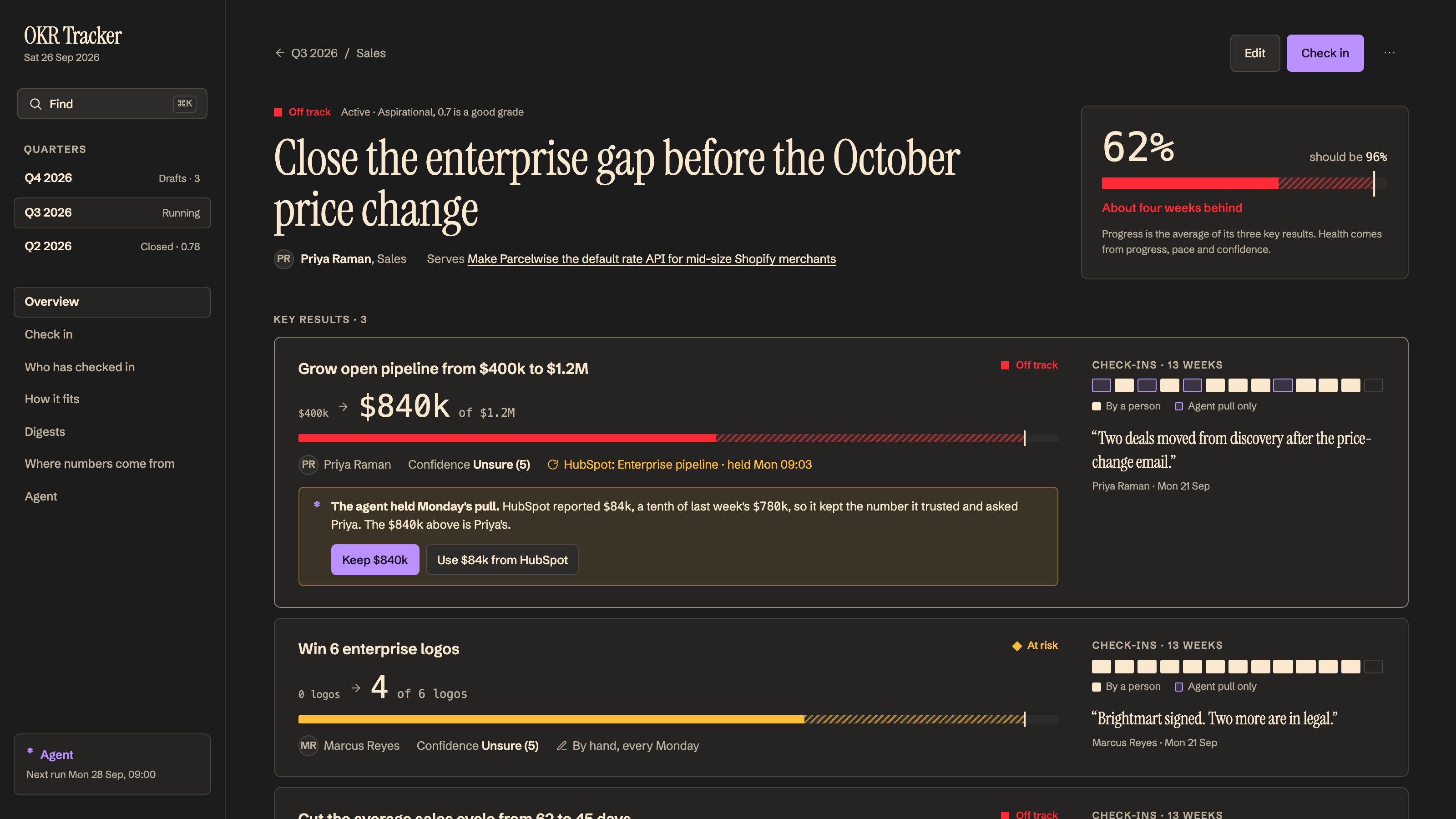 OKR Tracker: An objective: every key result on its weeks. Example data.