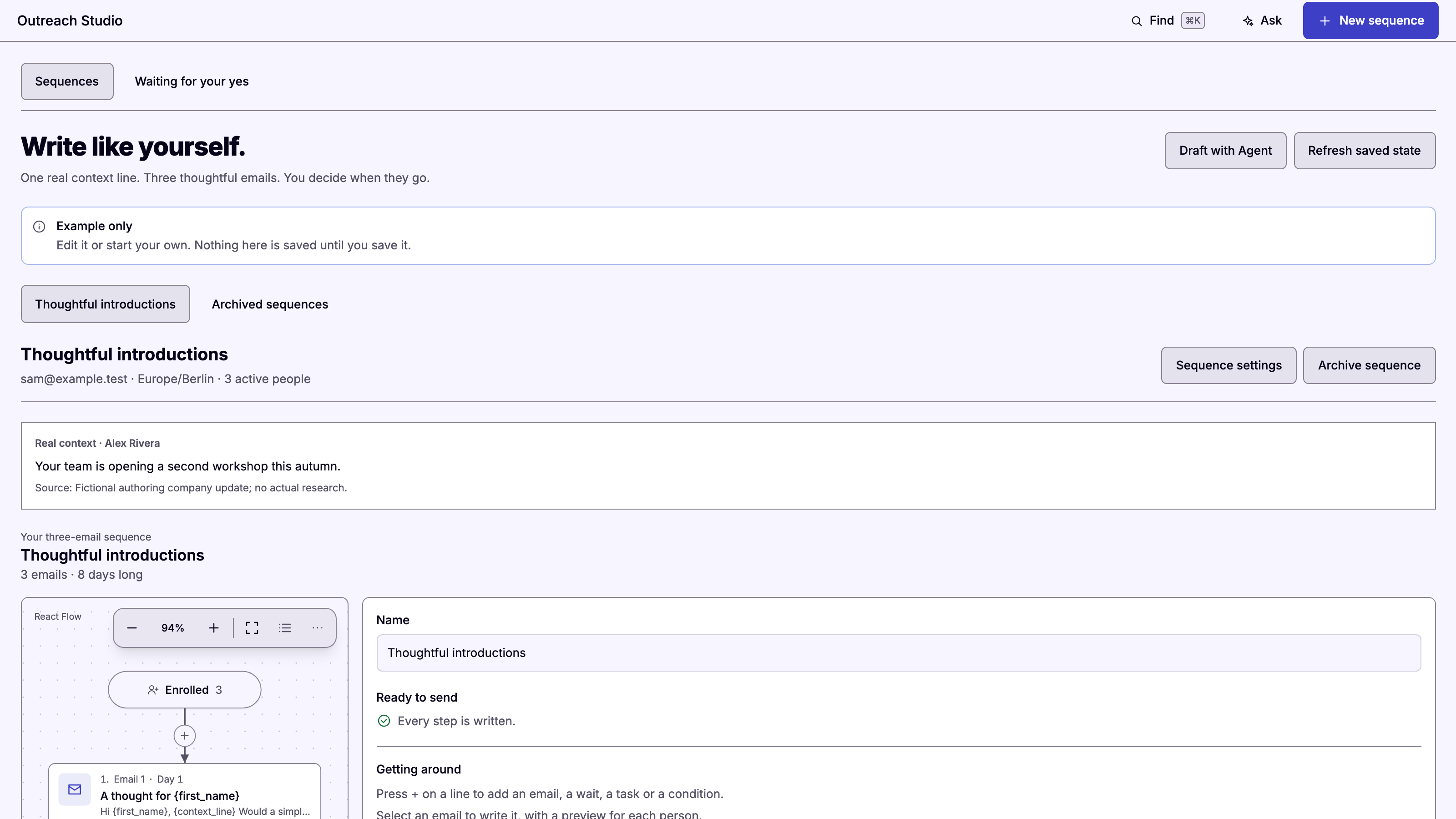 Outreach Studio: Three emails, one real context line. Example data.