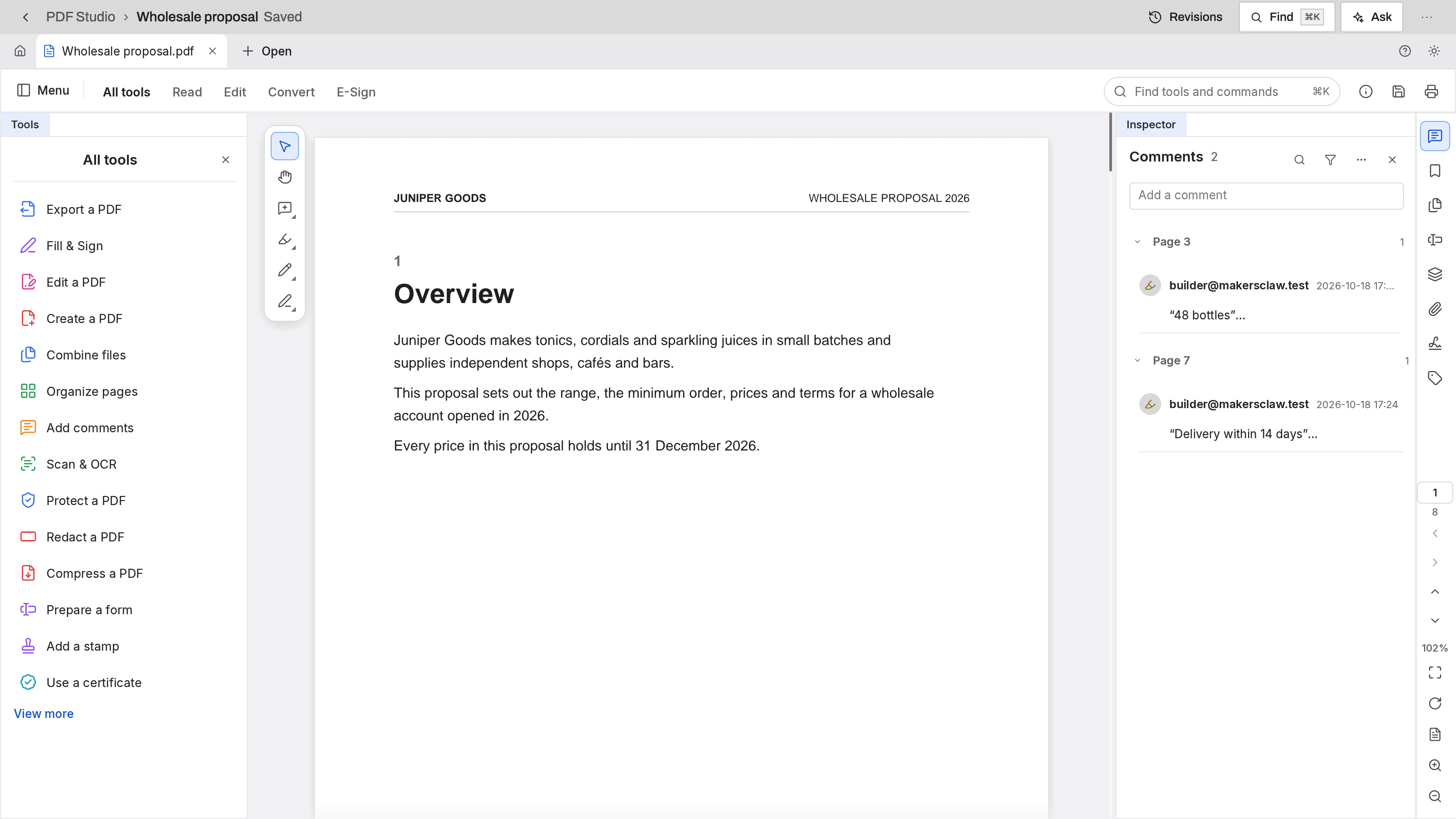 PDF Studio preview with example data