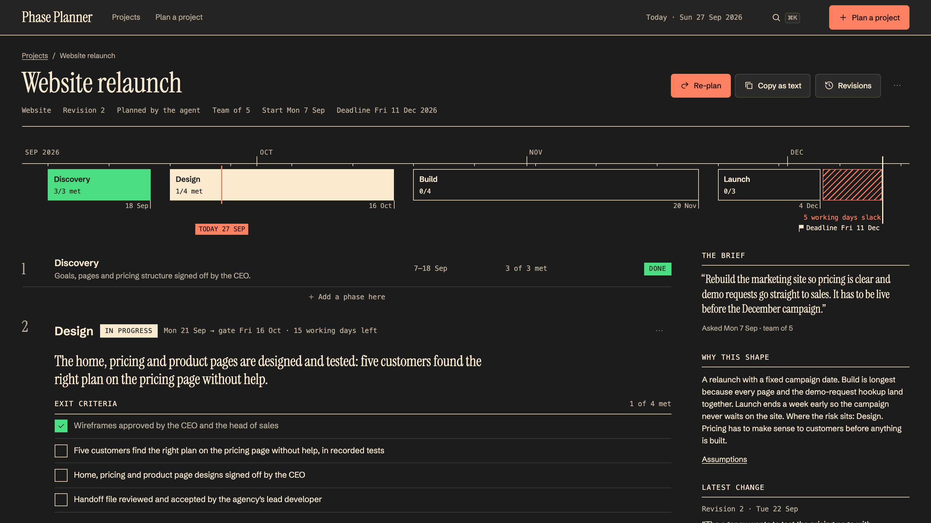 Project Phase Planner: Every phase drawn to its deadline. Example data.