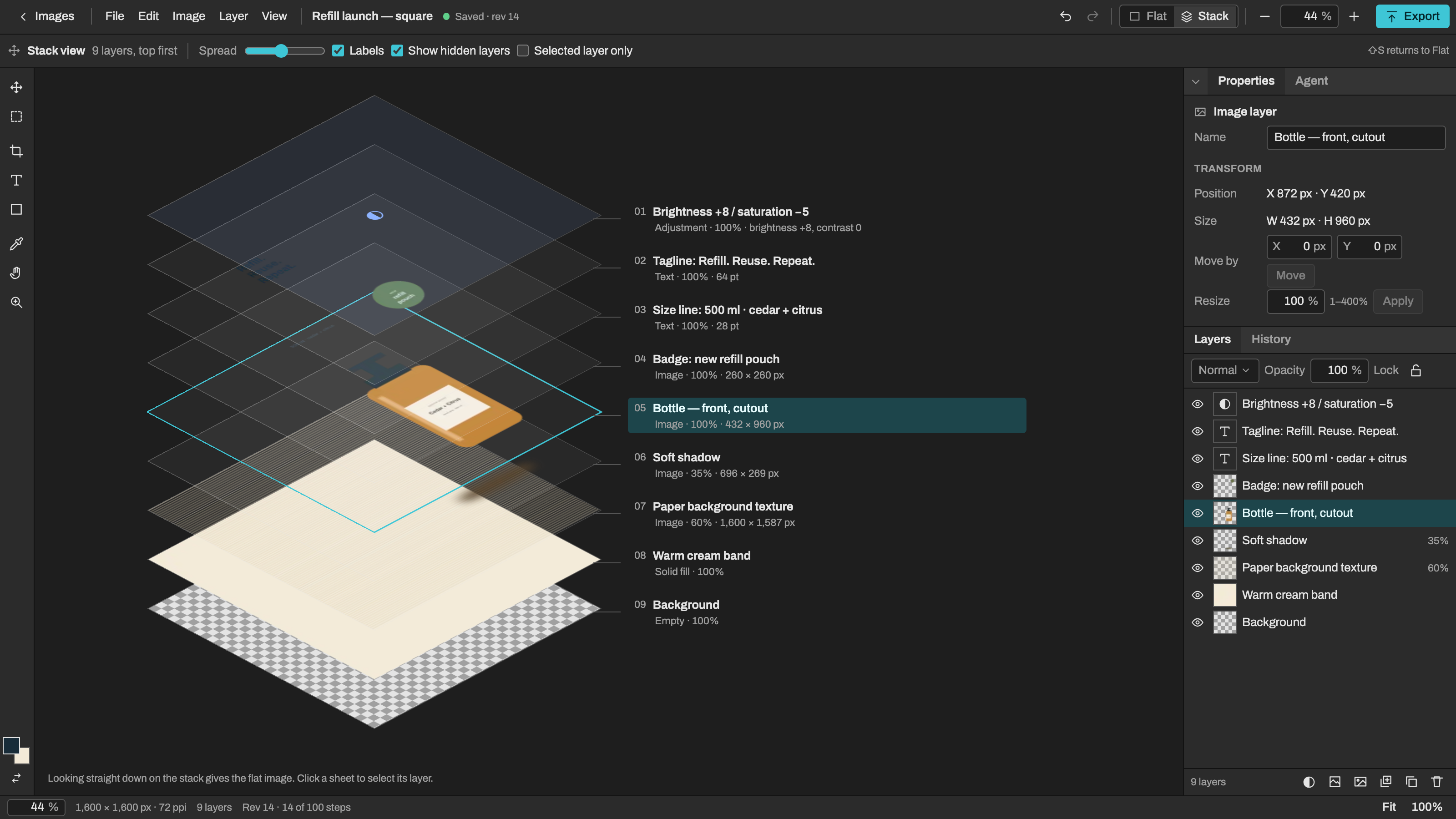 Photo Studio: See the layers in a stack. Example data.