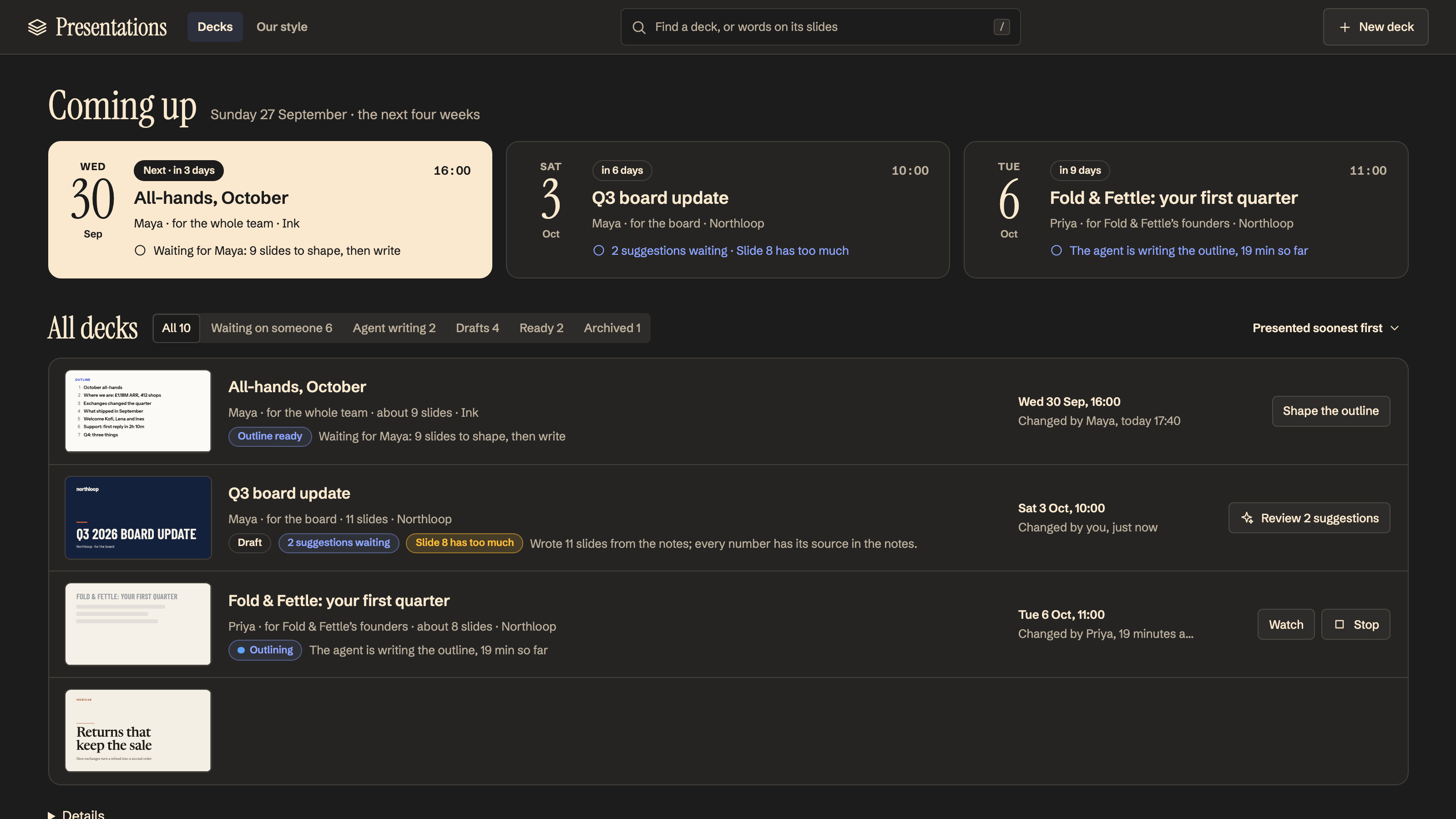 Presentations: What you present next, and who each deck waits on. Example data.