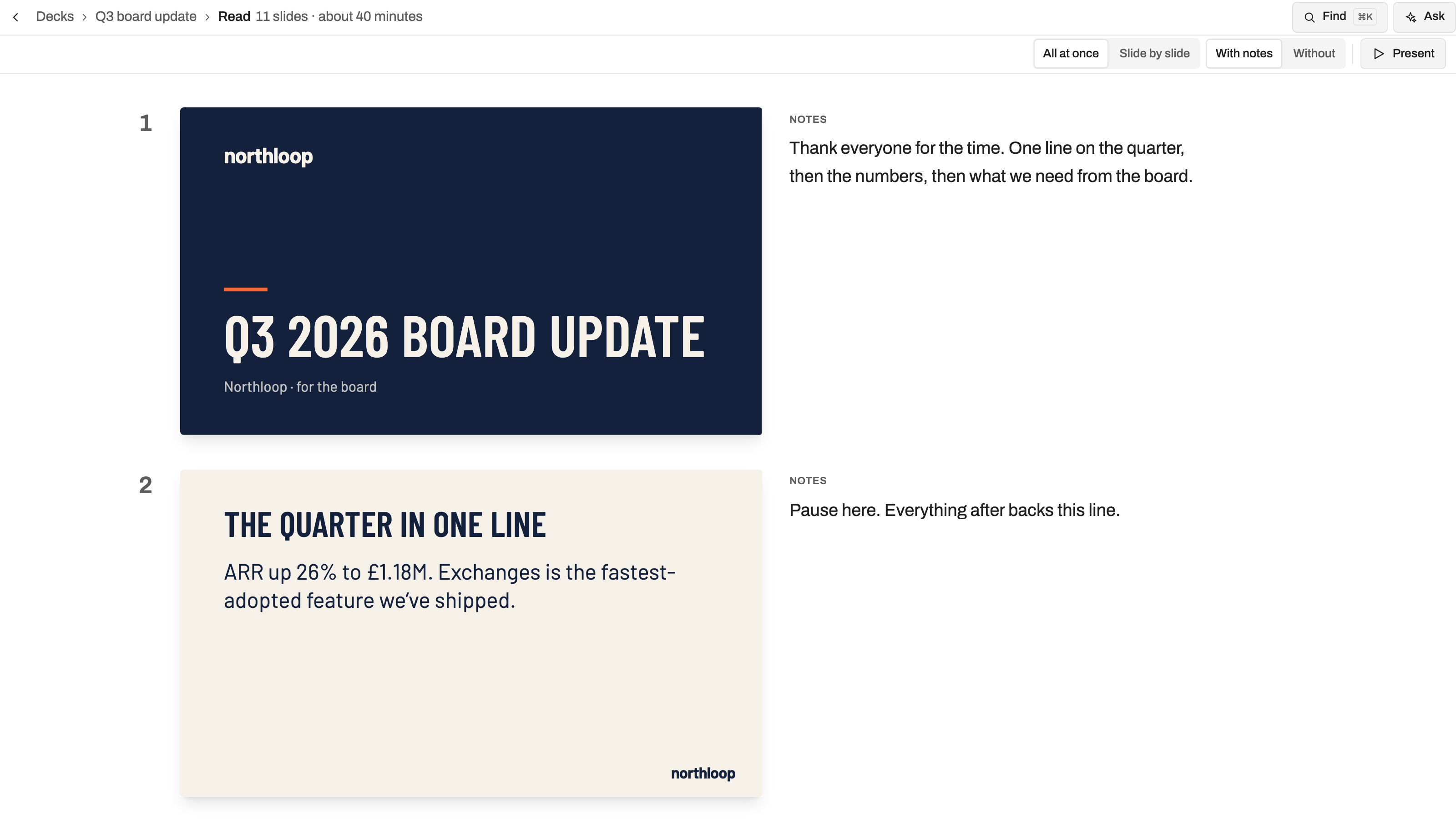 Presentations preview with example data